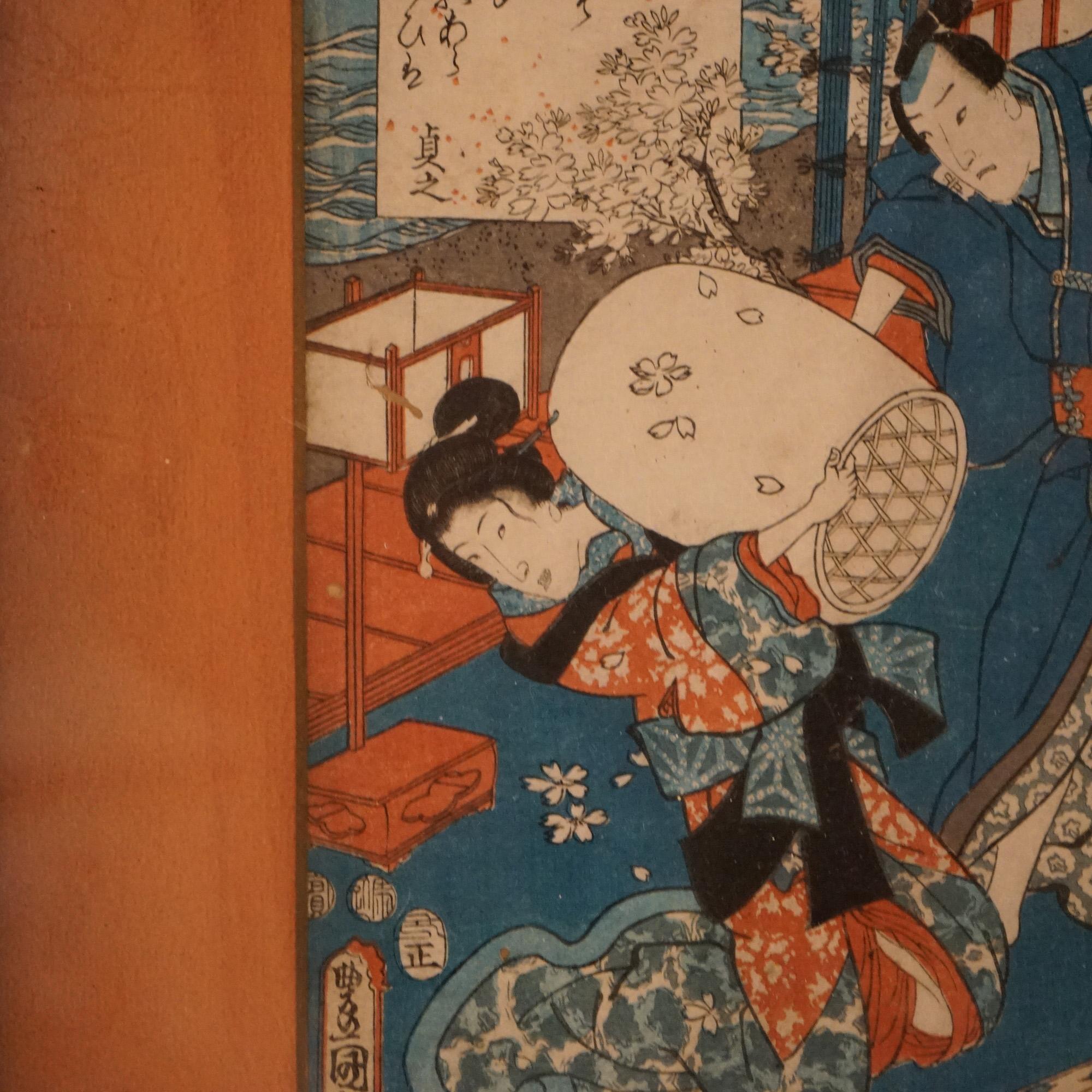 Asiatique Impression japonaise ancienne sur bois avec figures par Kunisada, encadrée, vers 1920 en vente
