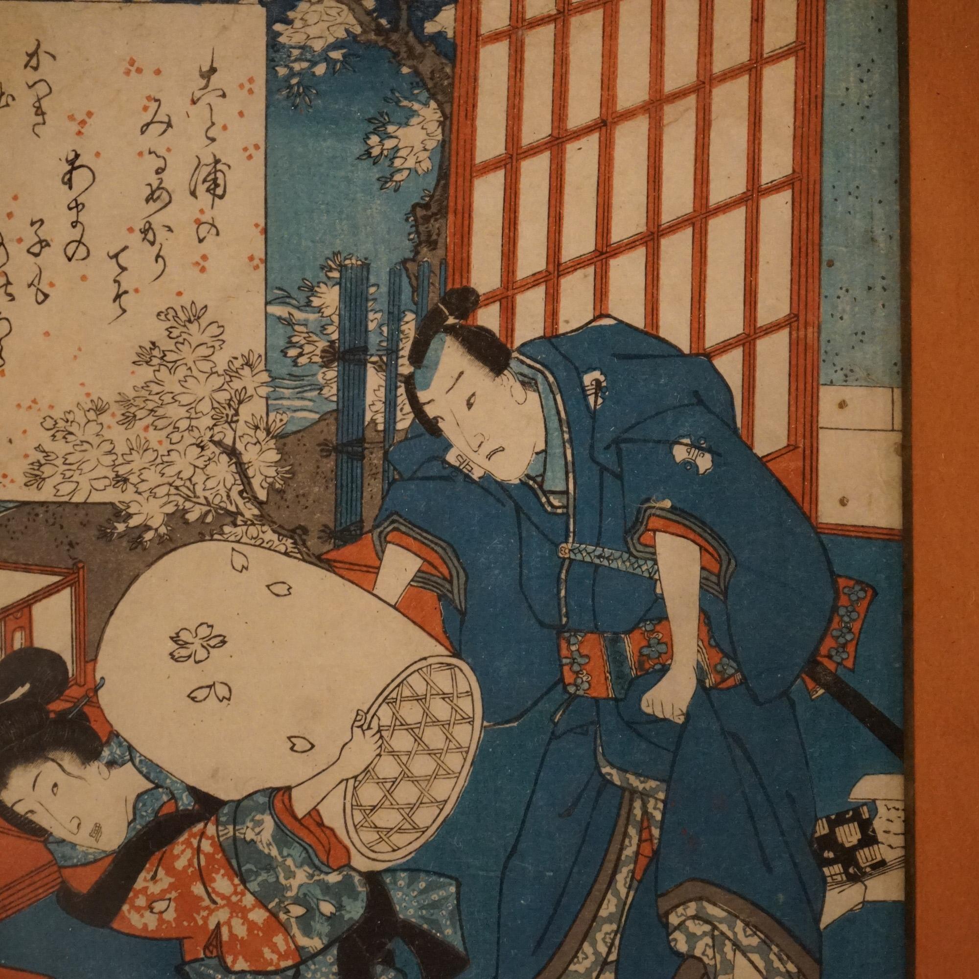 Impression japonaise ancienne sur bois avec figures par Kunisada, encadrée, vers 1920 Bon état - En vente à Big Flats, NY