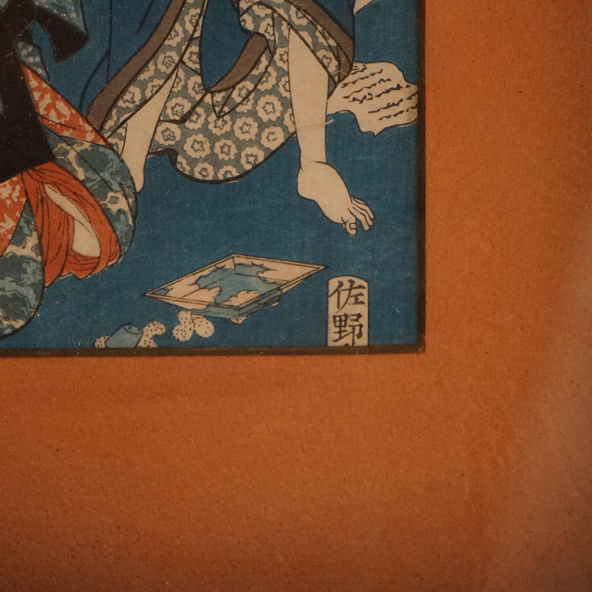 Impression japonaise ancienne sur bois avec figures par Kunisada, encadrée, vers 1920 en vente 1