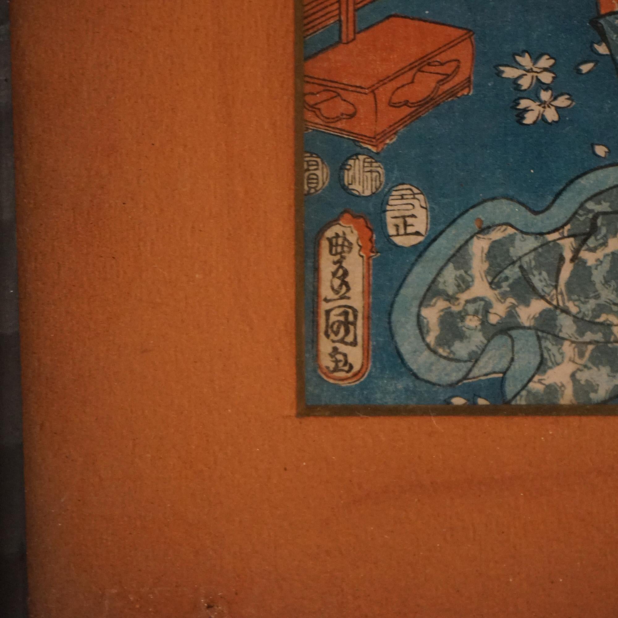 Impression japonaise ancienne sur bois avec figures par Kunisada, encadrée, vers 1920 en vente 2