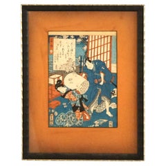 Antica stampa giapponese Woodblock con figure di Kunisada, incorniciata, C1920