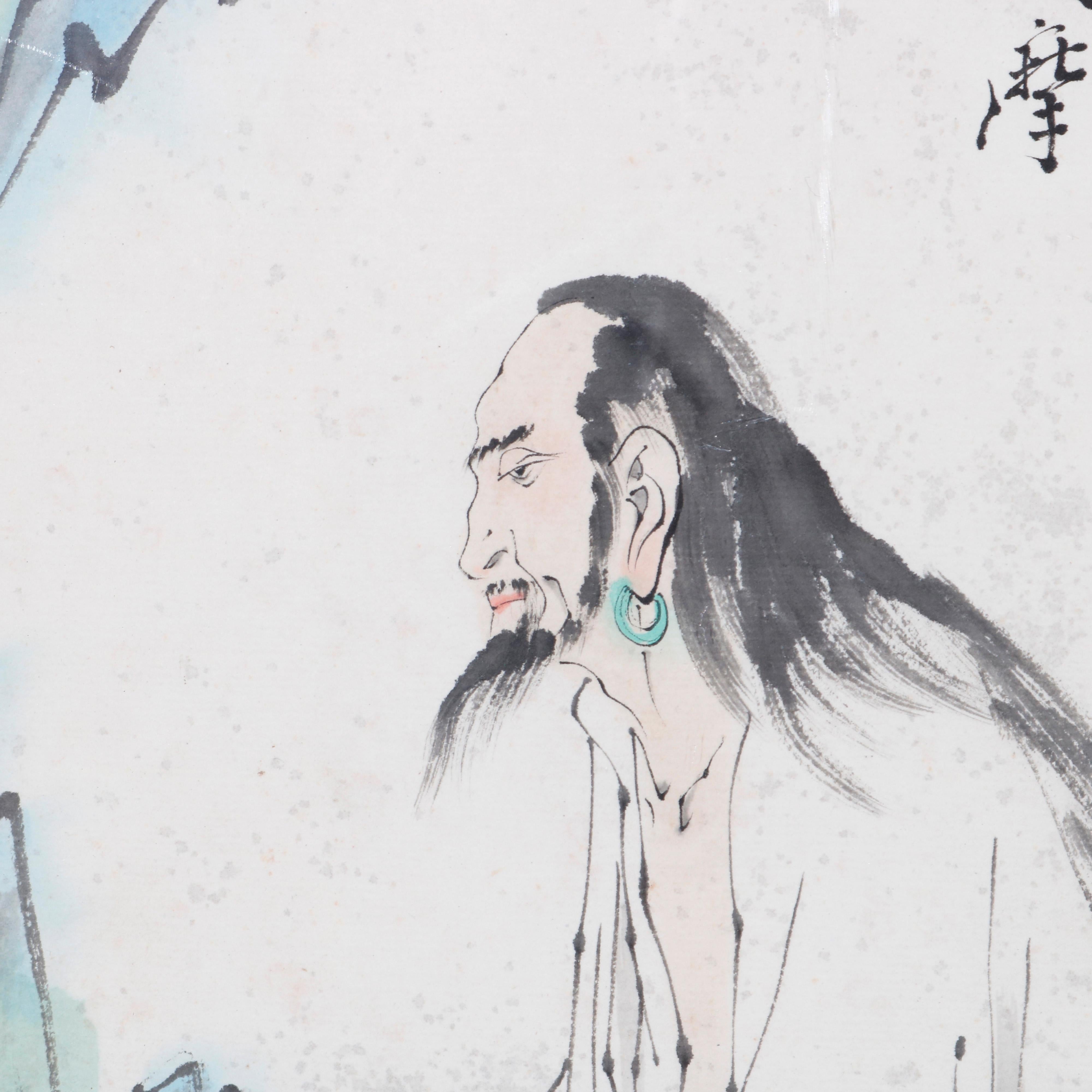 An antique Japanese woodblock style watercolor painting depicts portrait of a wiseman in countryside setting, signature and inscription upper right and lower left as photographed, framed, 20th century

Measures: 16