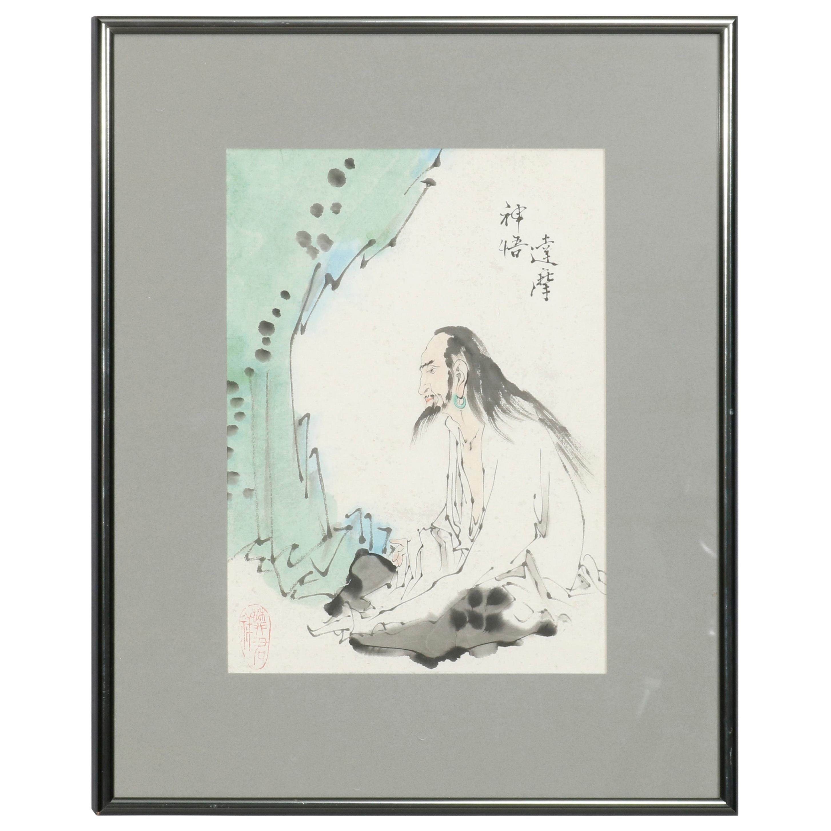 Japanese Woodblock Style Watercolor Painting of Wiseman, Signed, 20th Century