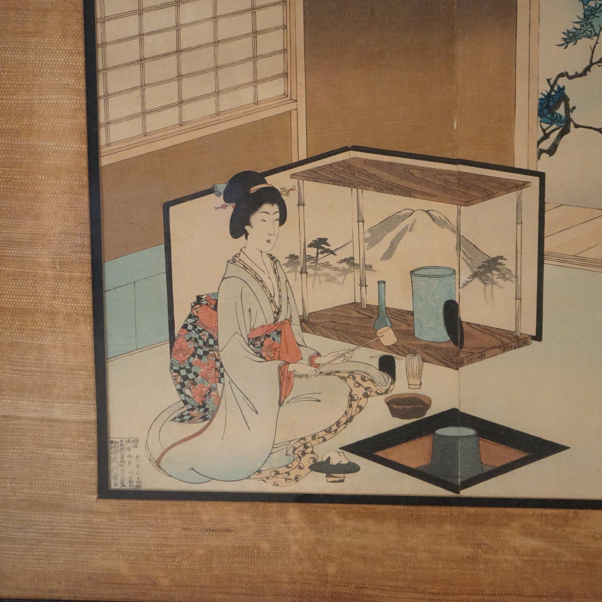 Triptyque japonais ancien en bois (3 panneaux) imprimé par Toyohara, encadré, C1920 Bon état - En vente à Big Flats, NY