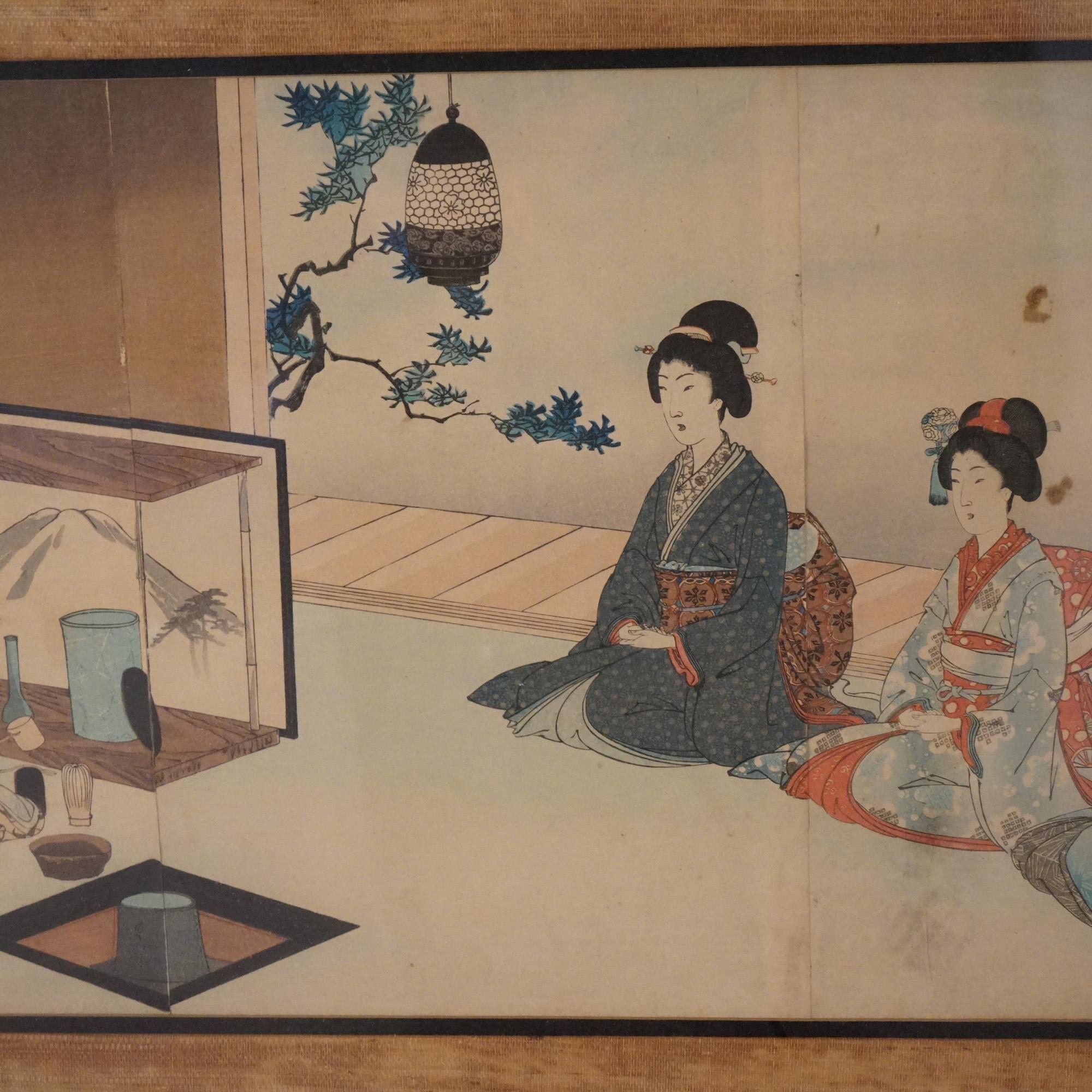 20ième siècle Triptyque japonais ancien en bois (3 panneaux) imprimé par Toyohara, encadré, C1920 en vente