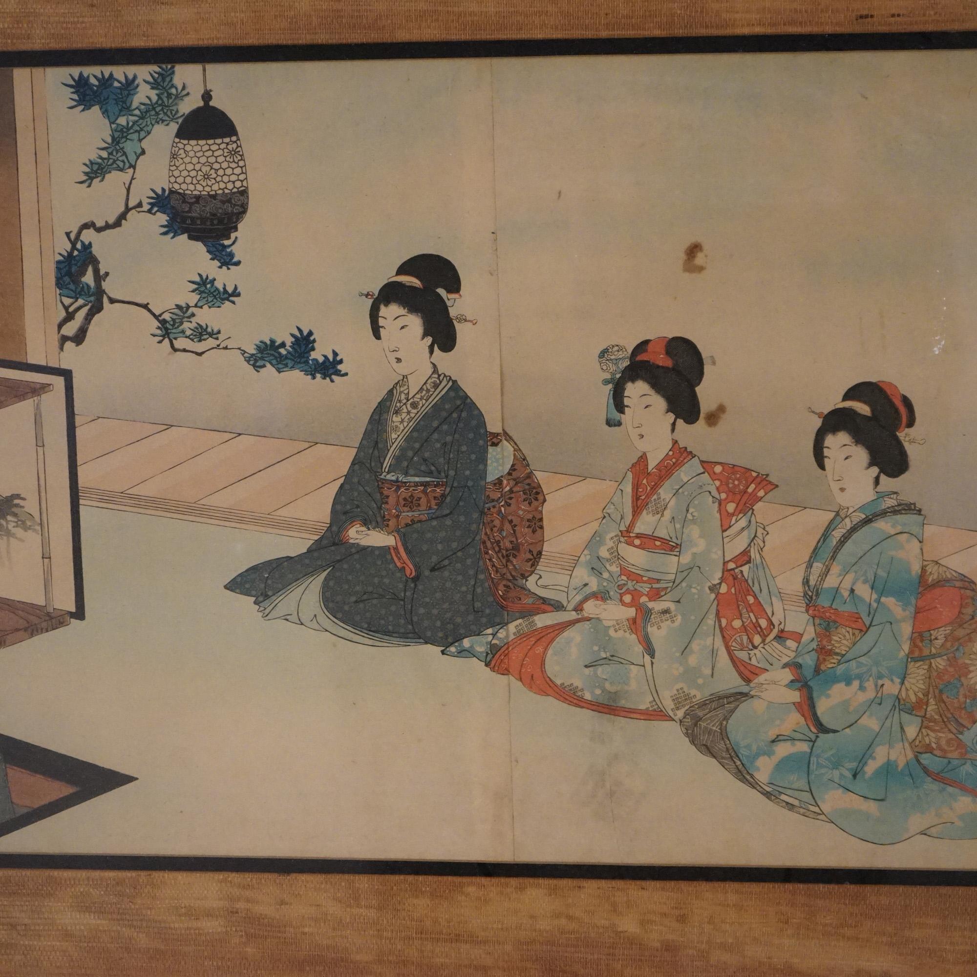 Papier Triptyque japonais ancien en bois (3 panneaux) imprimé par Toyohara, encadré, C1920 en vente