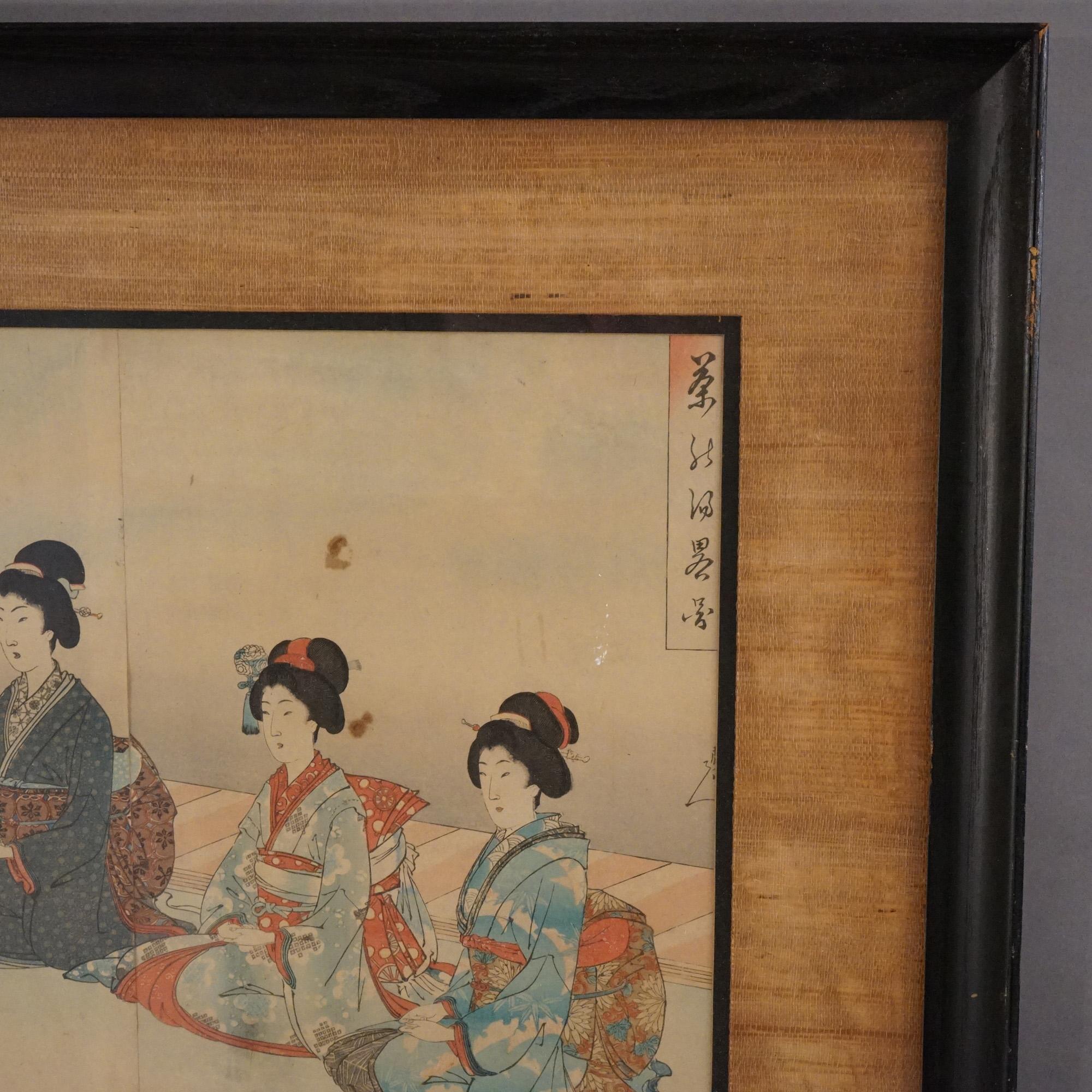 Triptyque japonais ancien en bois (3 panneaux) imprimé par Toyohara, encadré, C1920 en vente 1