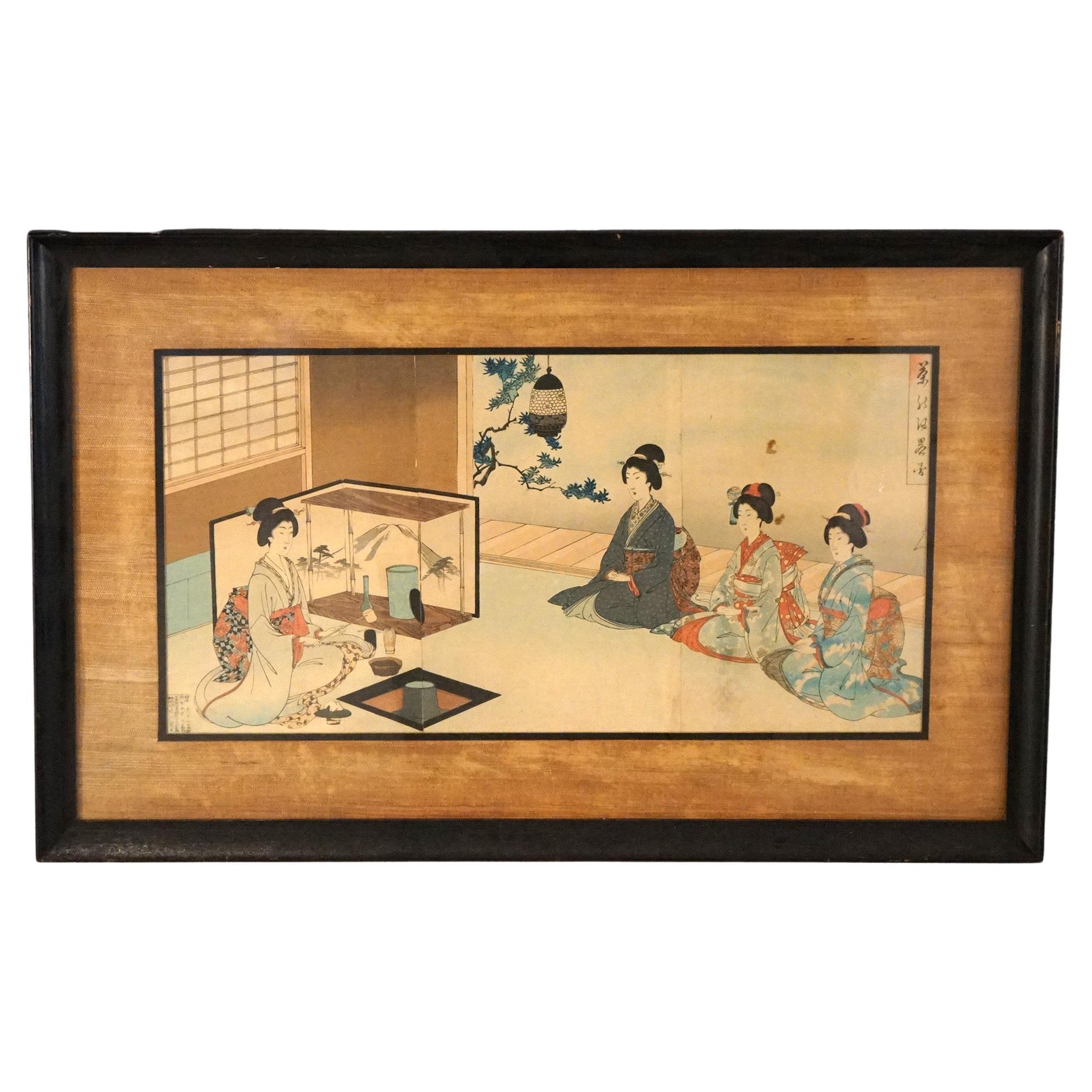 Antique Japanese Woodblock Triptych (3 Panel) Print by Toyohara, Framed, C1920