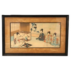 Antique Japanese Woodblock Triptych (3 Panel) Print by Toyohara, Framed, C1920