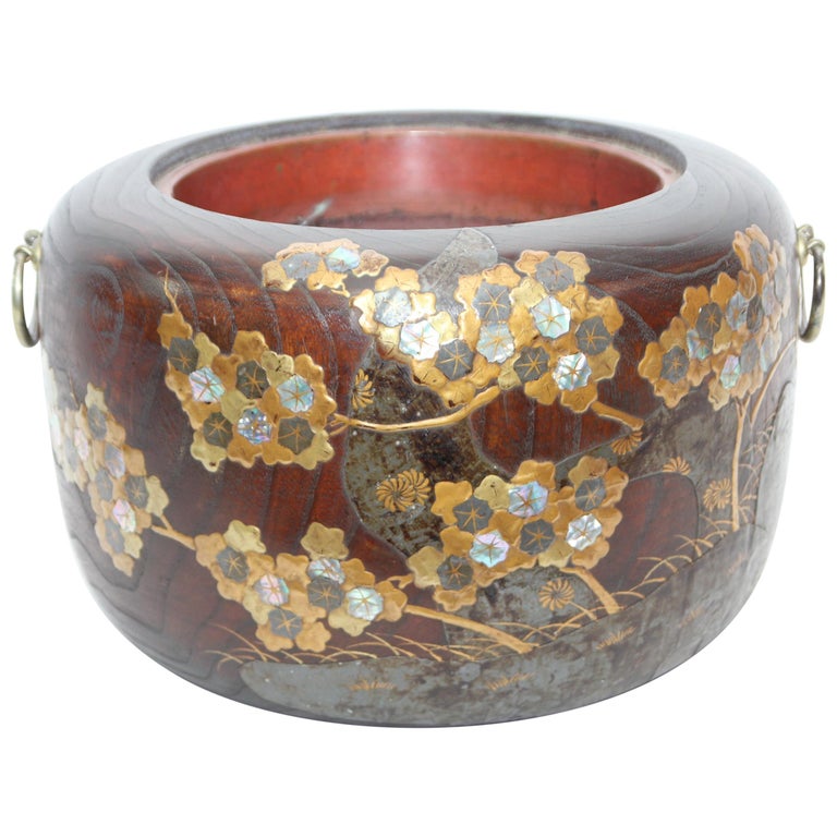 Antique Japanese Wooden Hibachi with Korin School Gilt Lacquer and MO