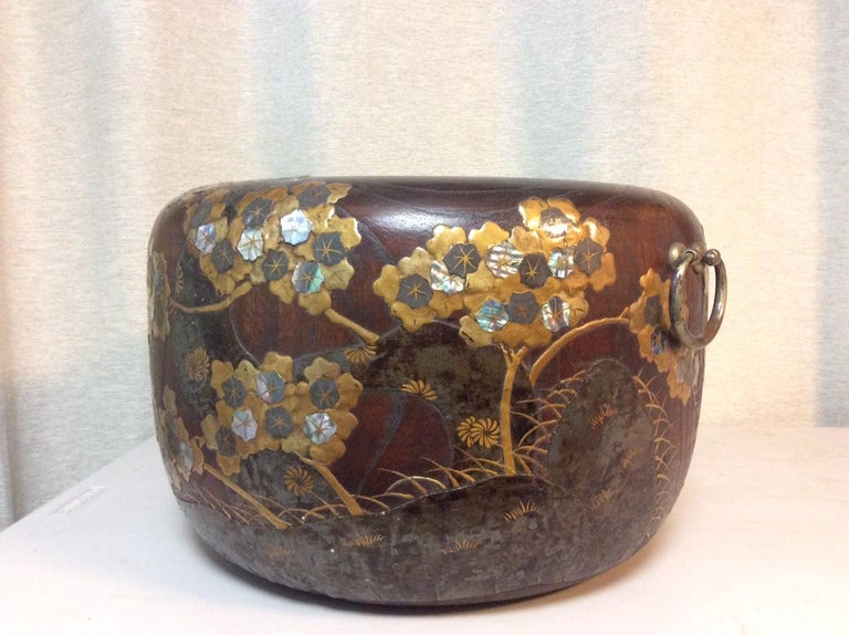 Antique Japanese Wooden Hibachi with Korin School Gilt Lacquer and MO