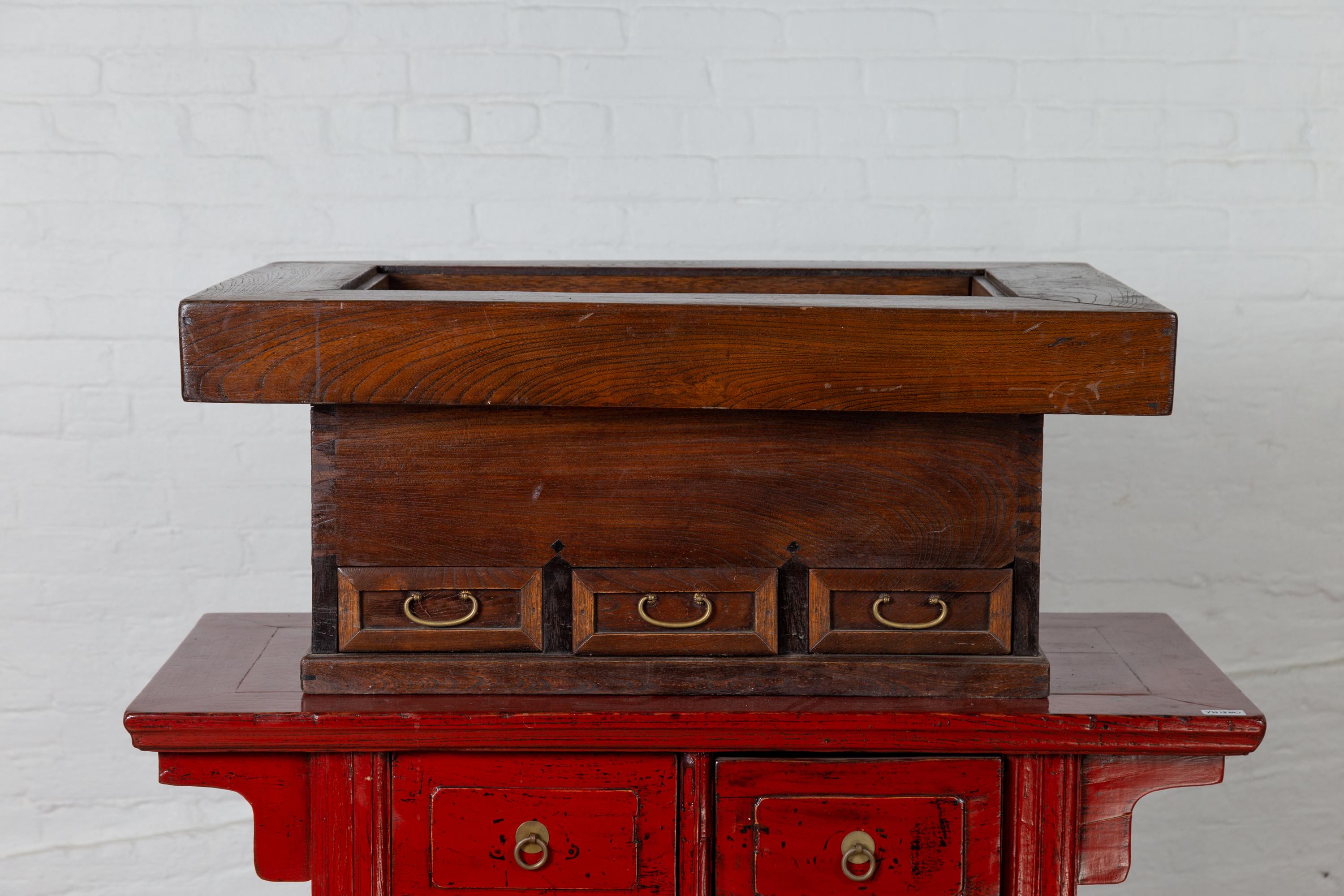 20th Century Antique Japanese Wooden Hibachi with Metal Liner and Three Dovetailed Drawers For Sale
