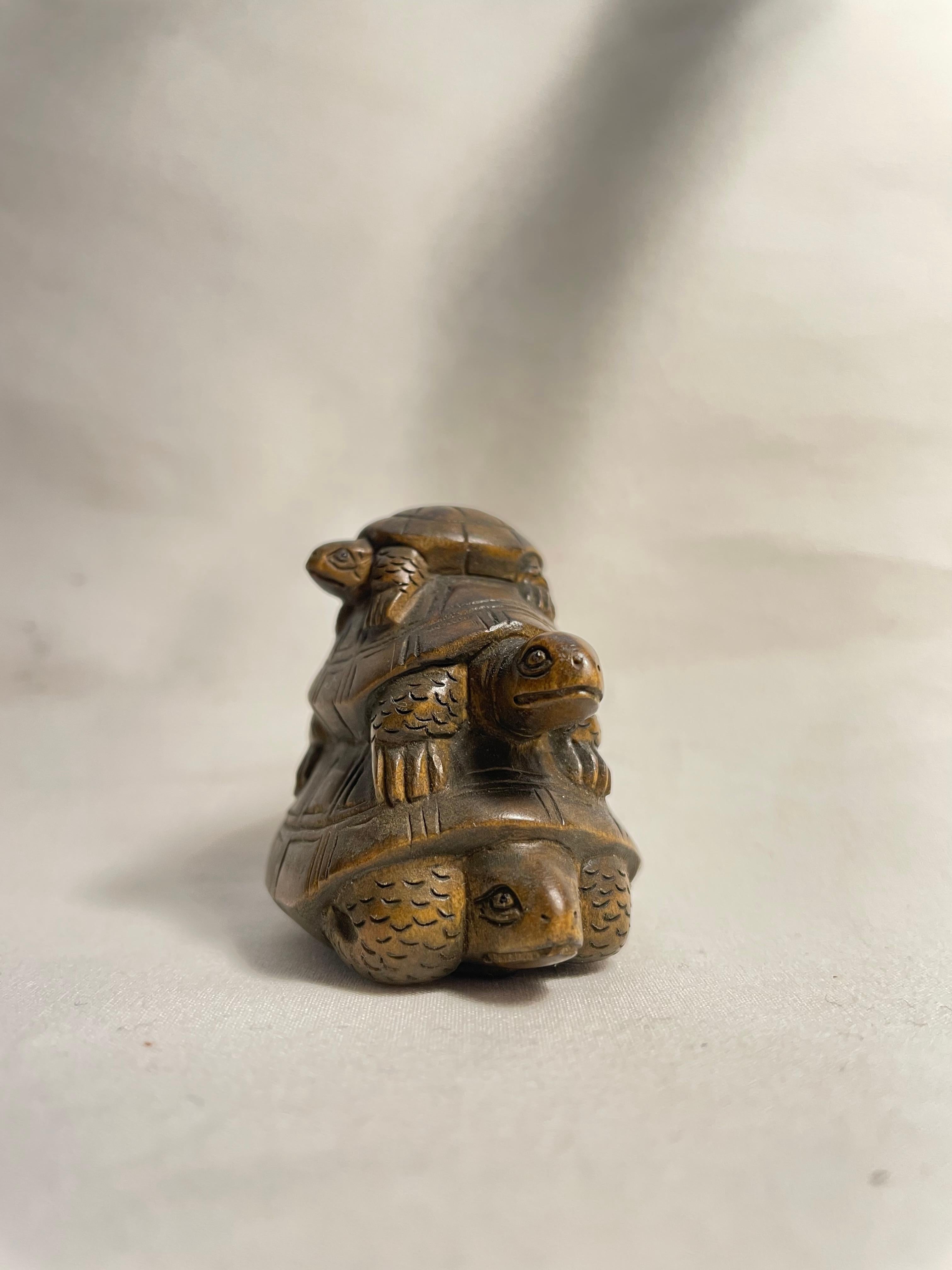 Early 20th Century Antique Japanese Wooden Nestuke 'Three Turtles' 1900s Meiji Era For Sale