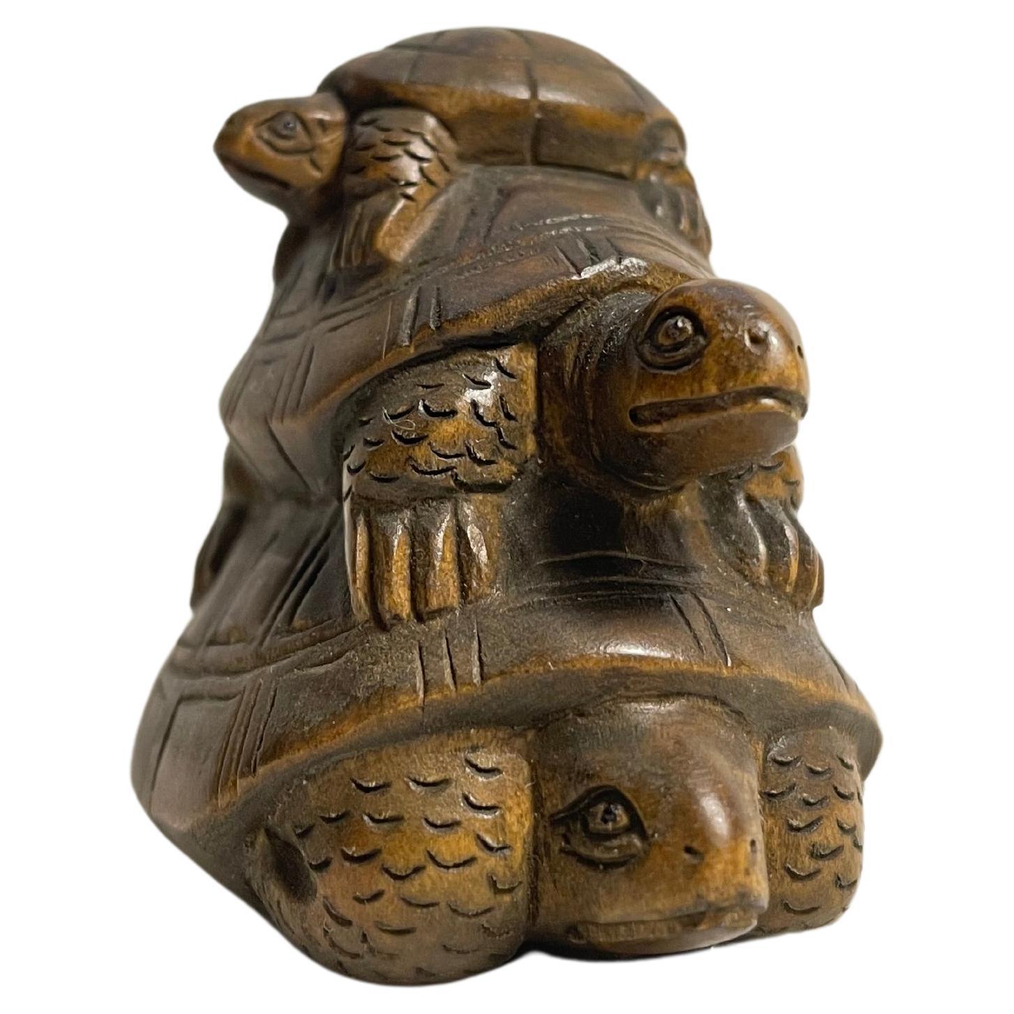 Antique Japanese Wooden Nestuke 'Three Turtles' 1900s Meiji Era For Sale