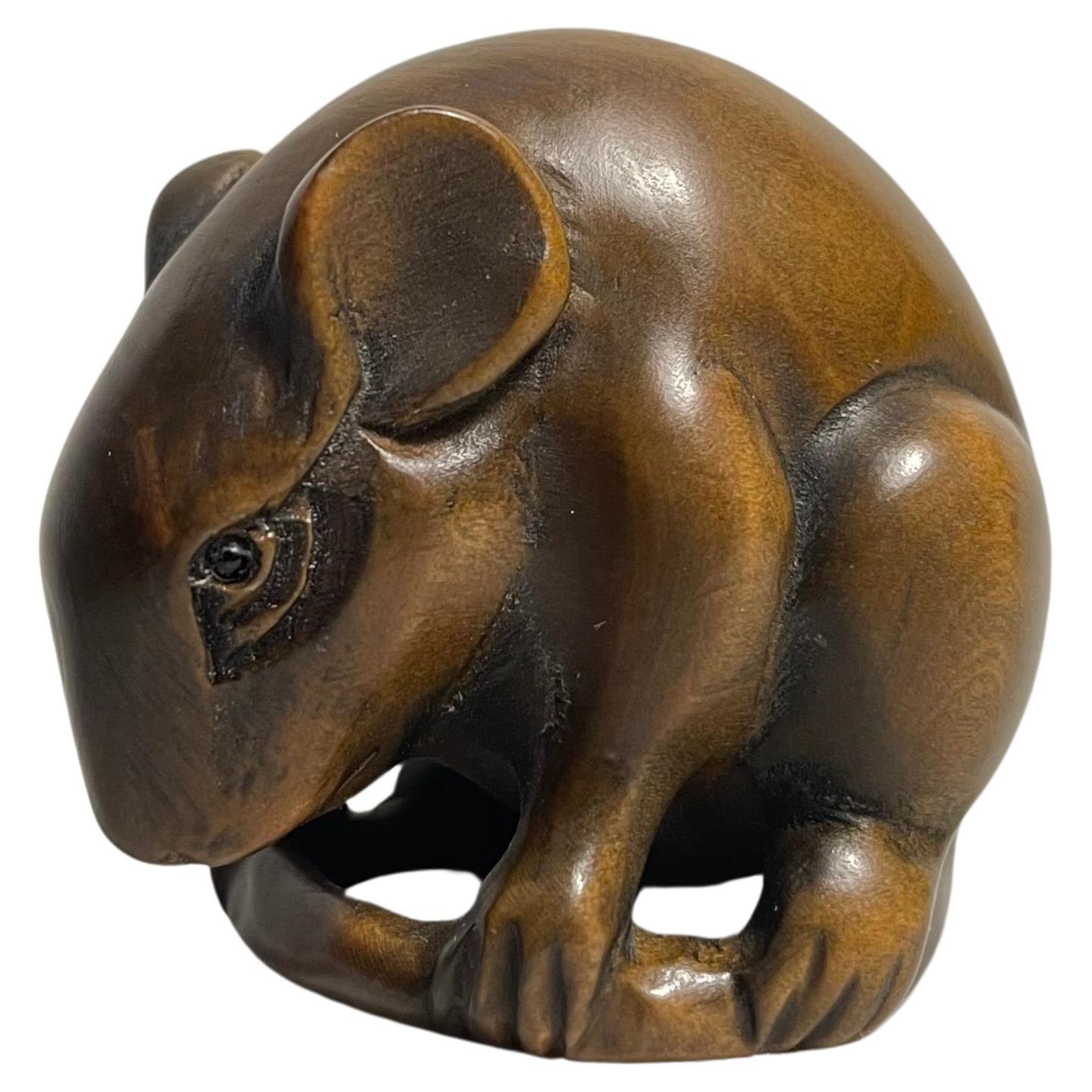 Antiguo Netsuke japonés de madera años 20 'Ratón' época Taisho