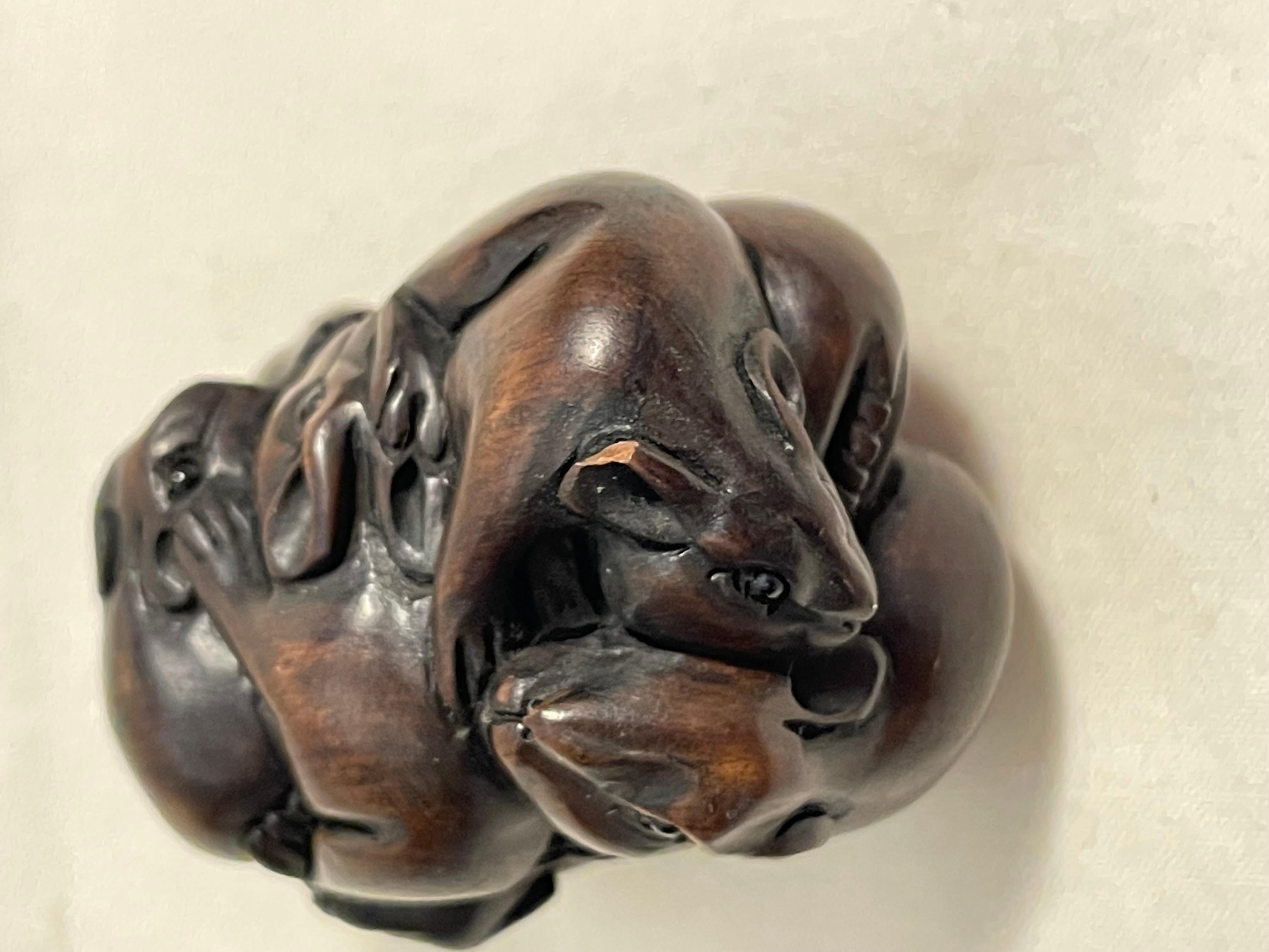 Antique Japanese Wooden Netsuke '7 Mouses', 1950s For Sale 3