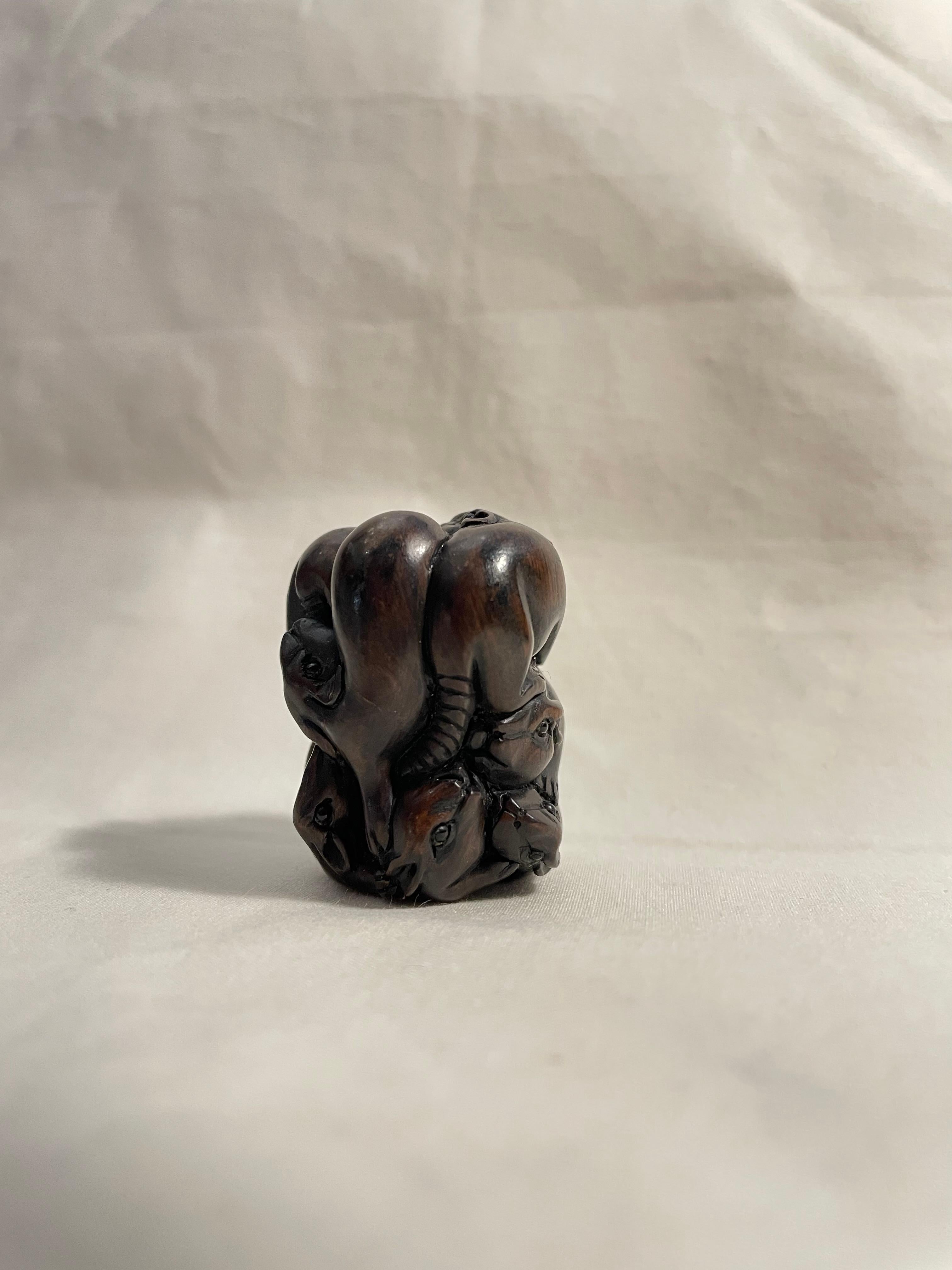 Hand-Carved Antique Japanese Wooden Netsuke '7 Mouses', 1950s For Sale