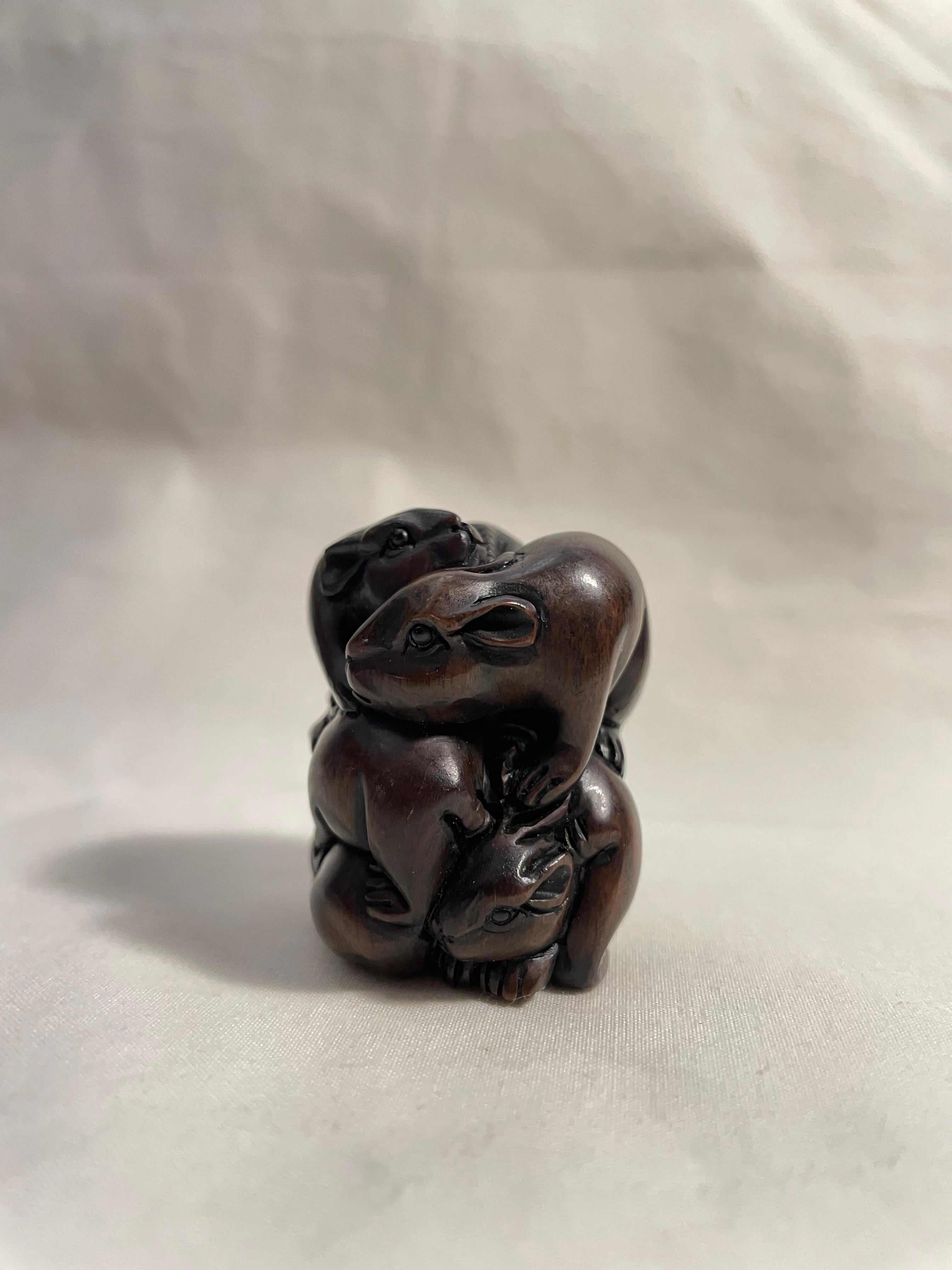 Antique Japanese Wooden Netsuke '7 Mouses', 1950s For Sale 2