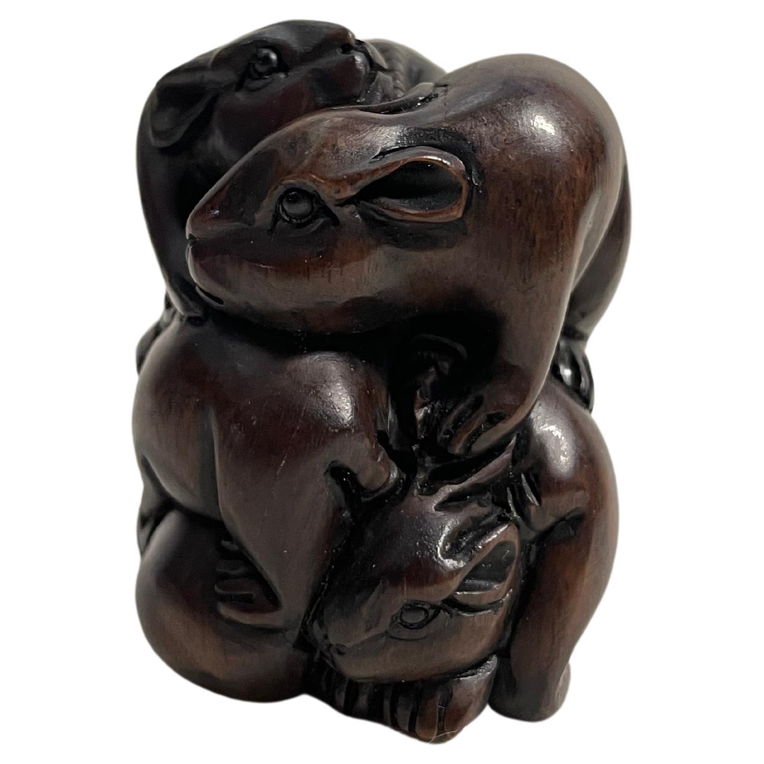 Antique Japanese Wooden Netsuke '7 Mouses', 1950s For Sale