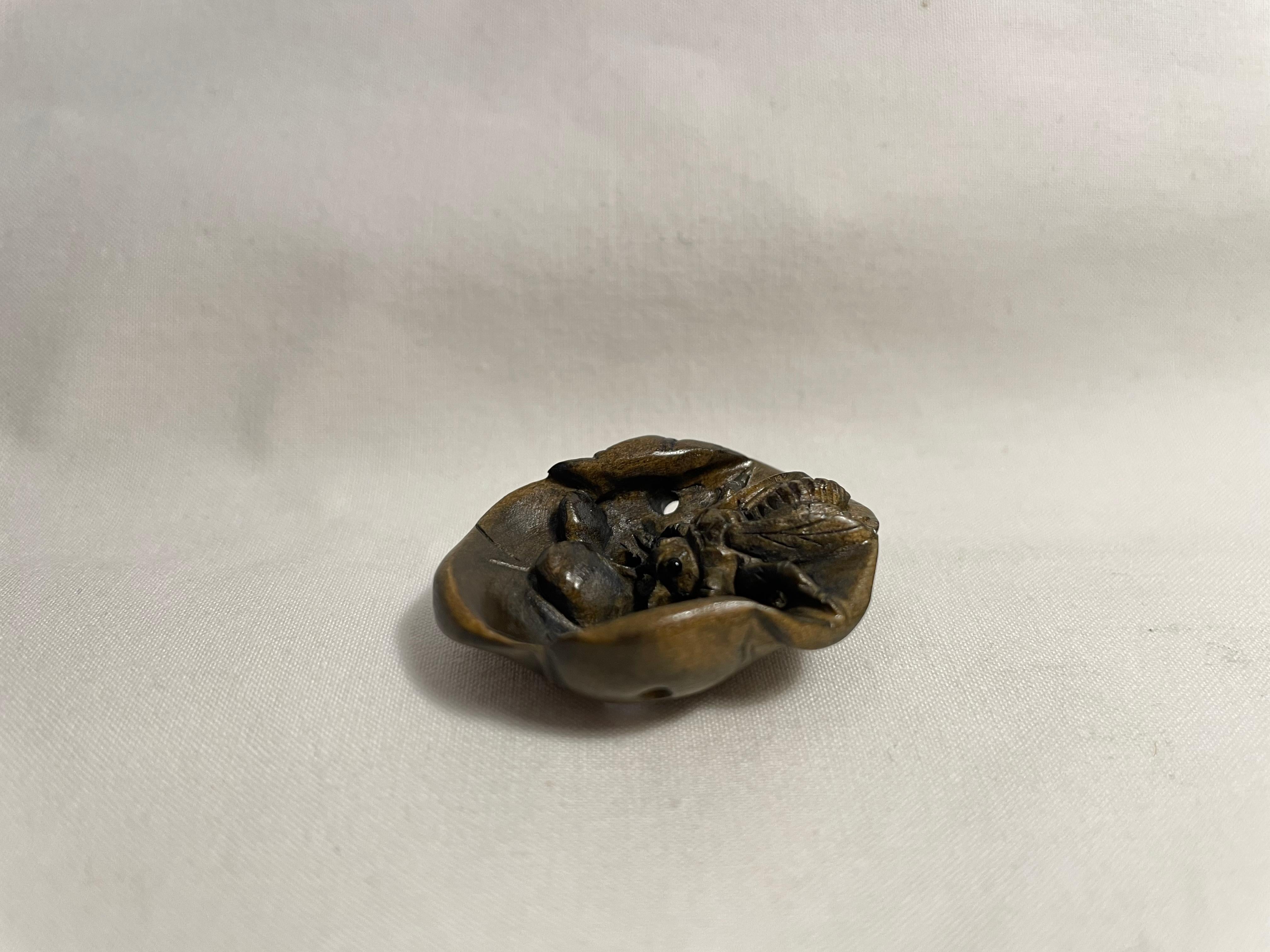 This is an antique netsuke made in Japan around Showa period 1960s.

Netsuke is a miniature sculpture, originating in 17th century Japan.
Initially a simply-carved button fastener on the cords of an inro box, netsuke later developed into ornately