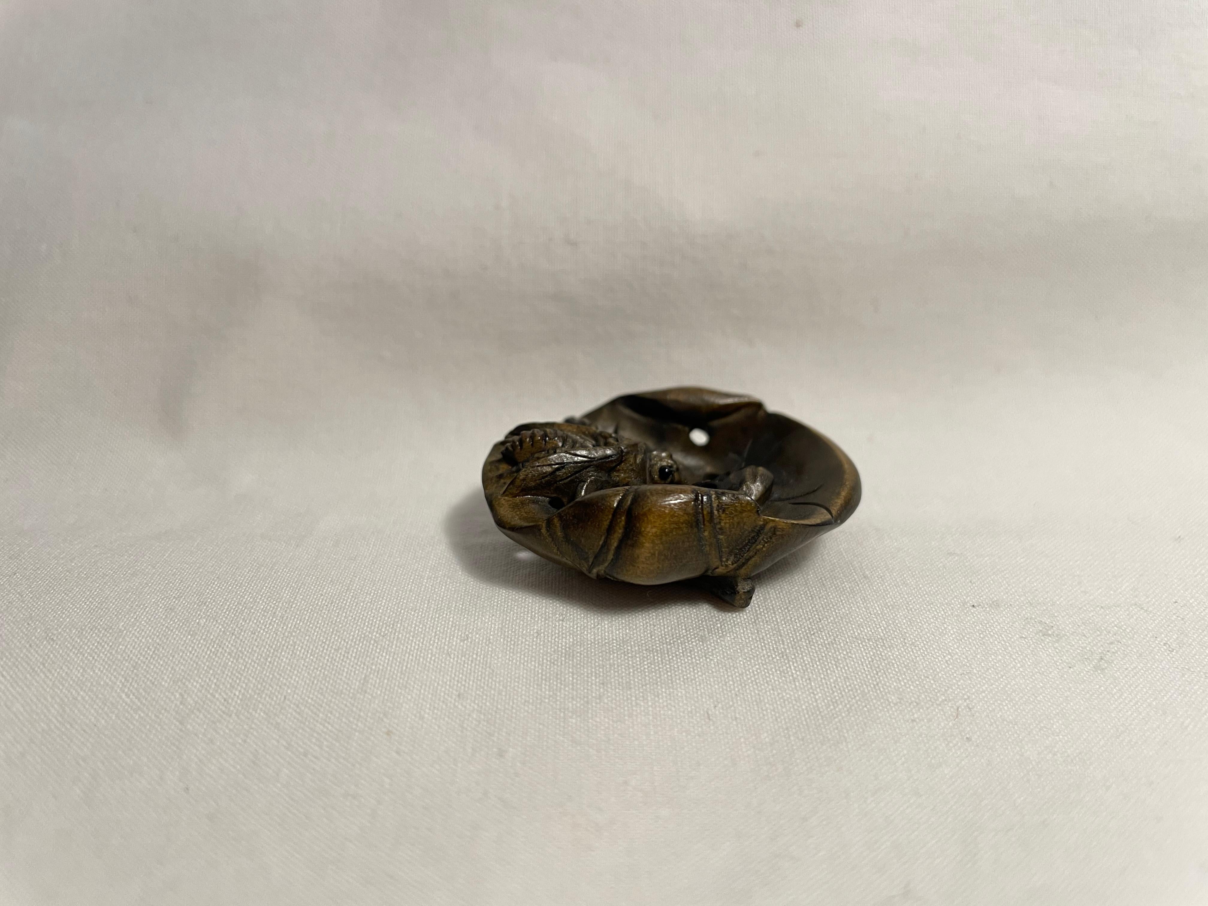 Hand-Carved Antique Japanese Wooden Netsuke 'Bee and Lotus' 1960s 