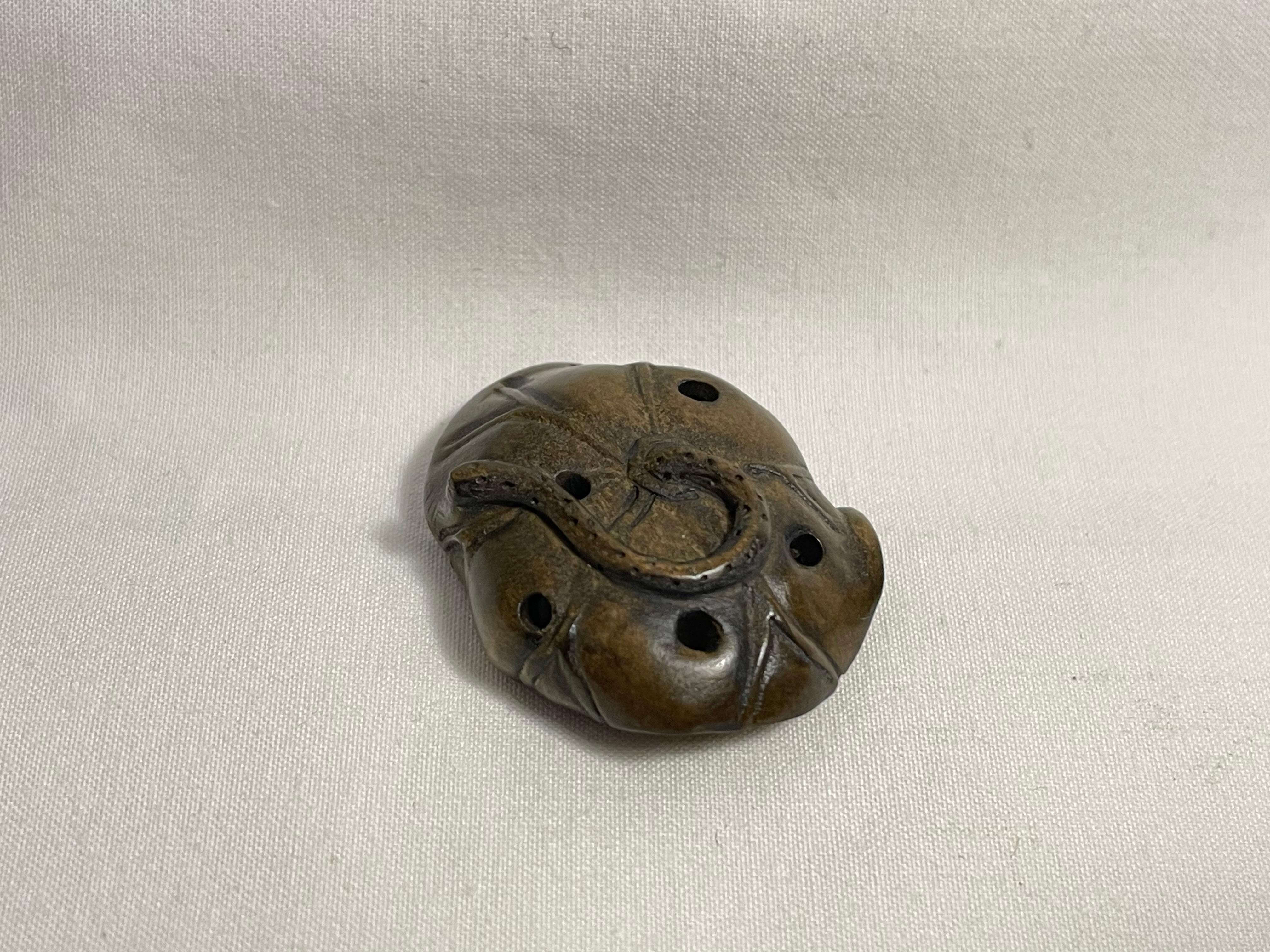 Antique Japanese Wooden Netsuke 'Bee and Lotus' 1960s  1