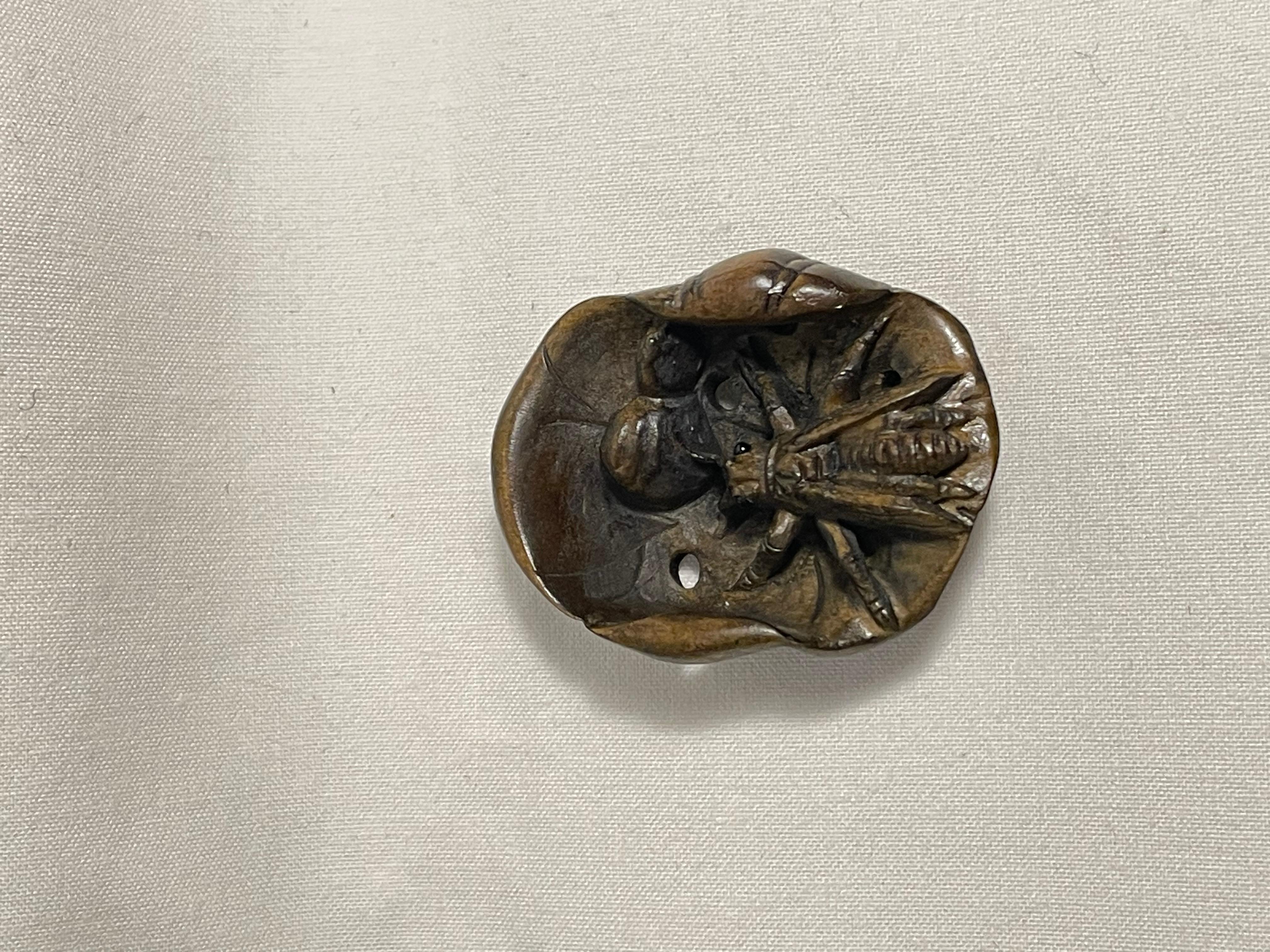Antique Japanese Wooden Netsuke 'Bee and Lotus' 1960s  3