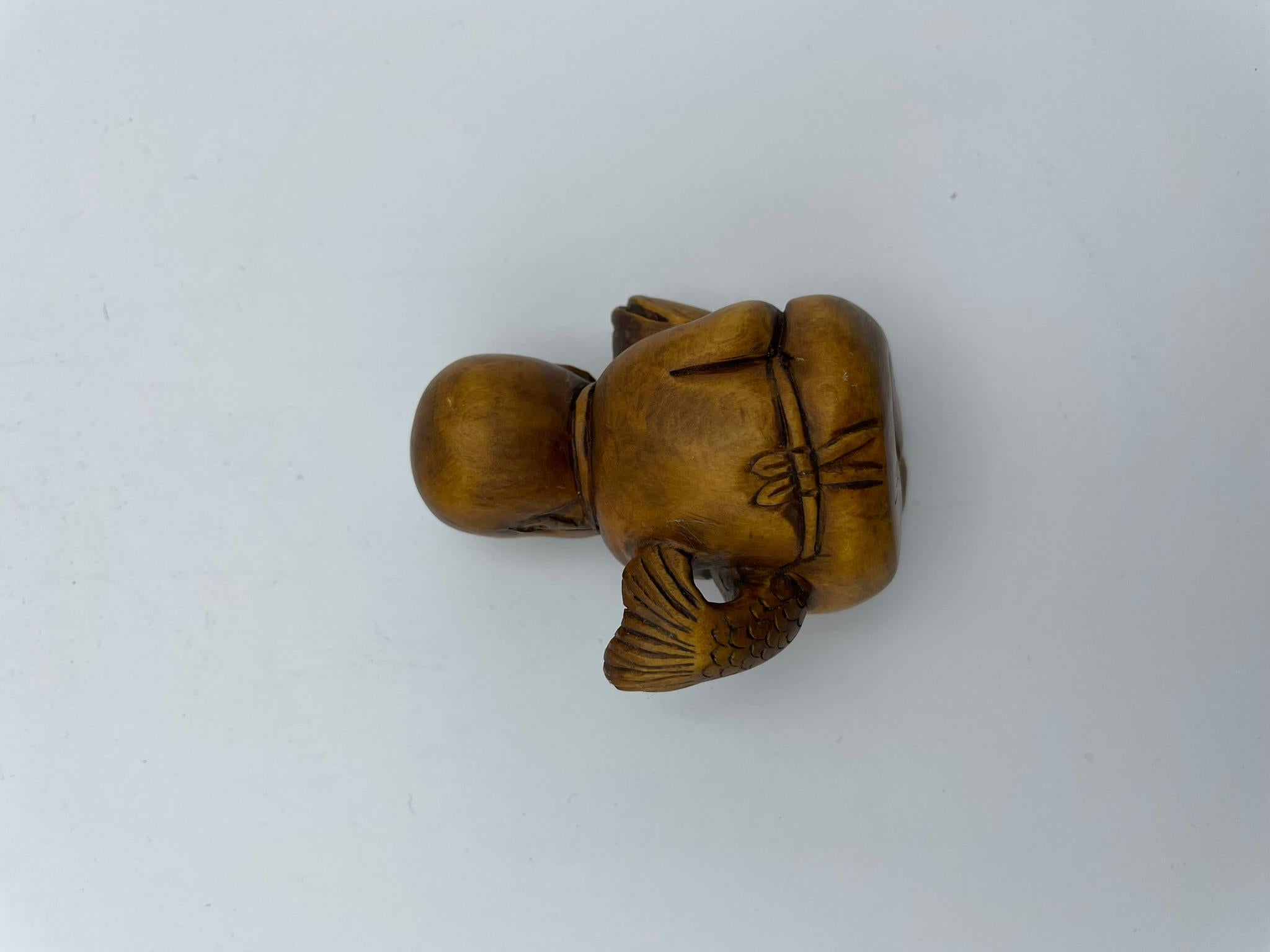 Antique Japanese Wooden Netsuke 'Boy with Fish' 1930s 1