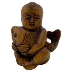 Antique Japanese Wooden Netsuke 'Boy with Fish' 1930s