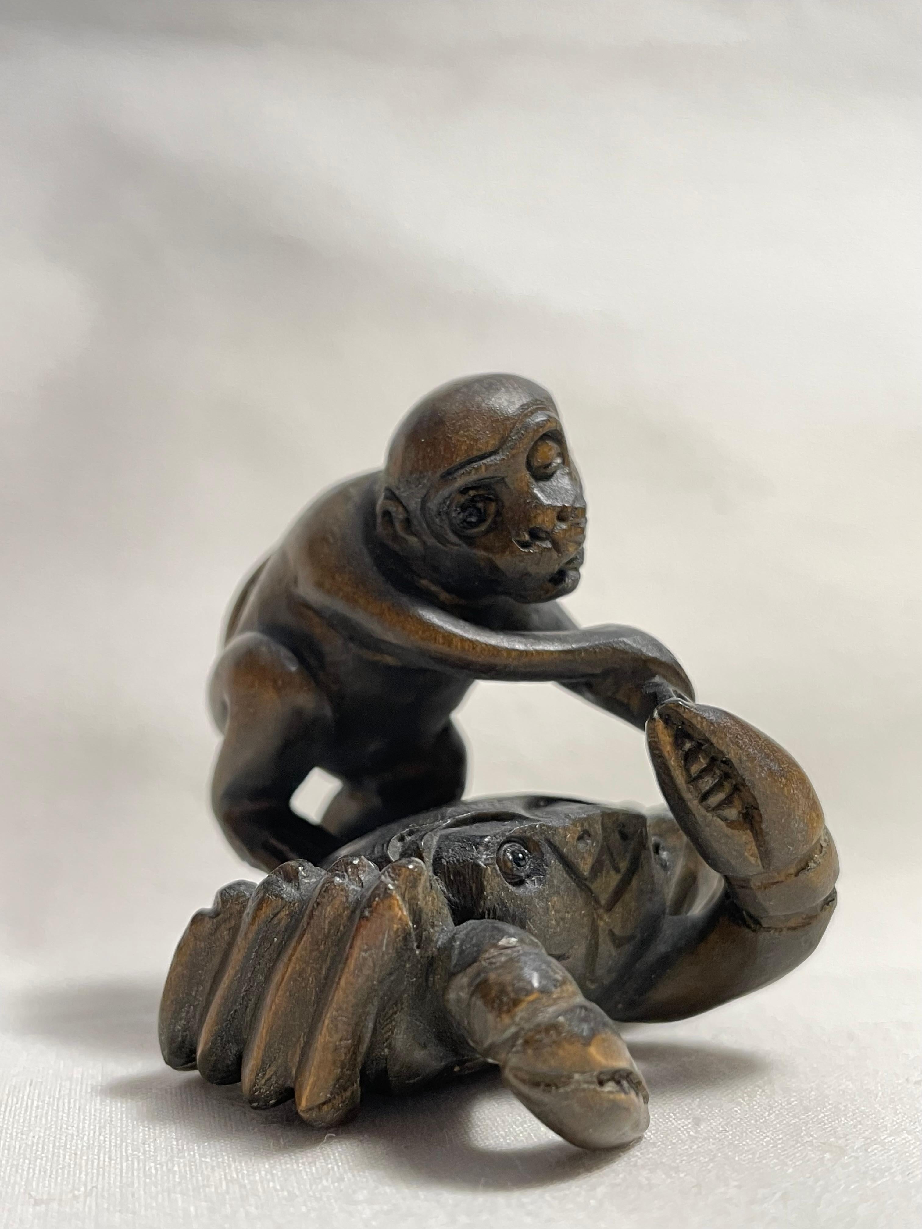 Antique Japanese Wooden Netsuke 'Crab and Monkey' 1920s For Sale 3