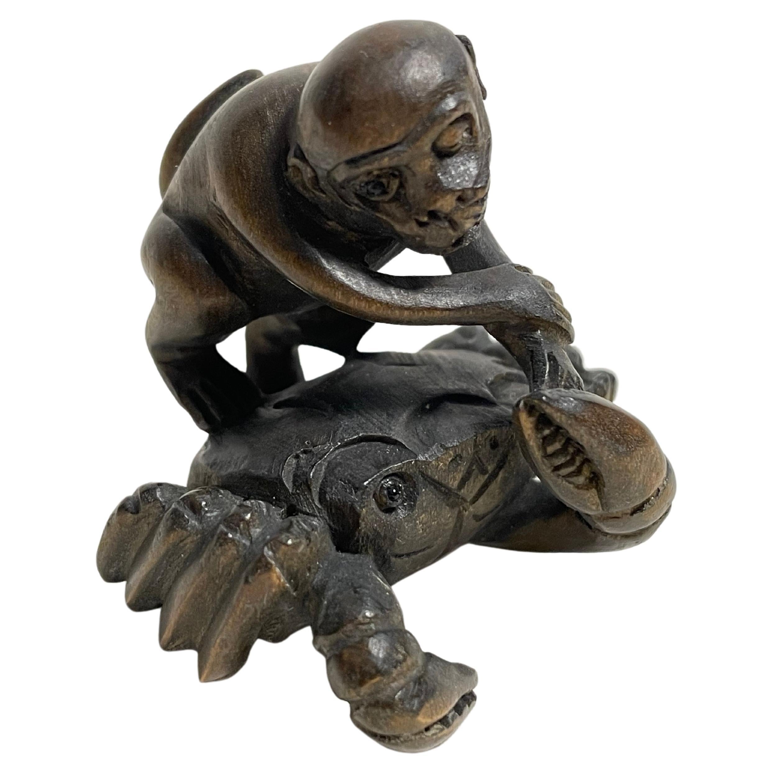 Antique Japanese Wooden Netsuke 'Crab and Monkey' 1920s For Sale