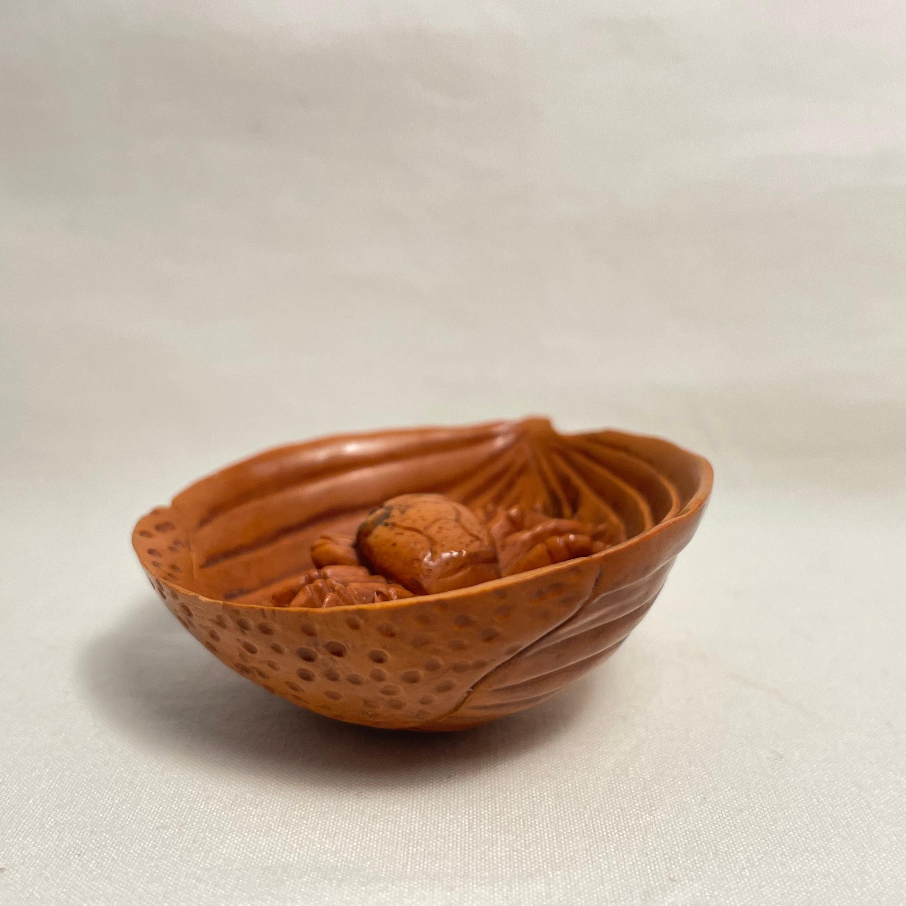 Mid-20th Century Antique Japanese Wooden Netsuke 'Crab in the Chestnut' 1950s Showa 'Yuuichi'