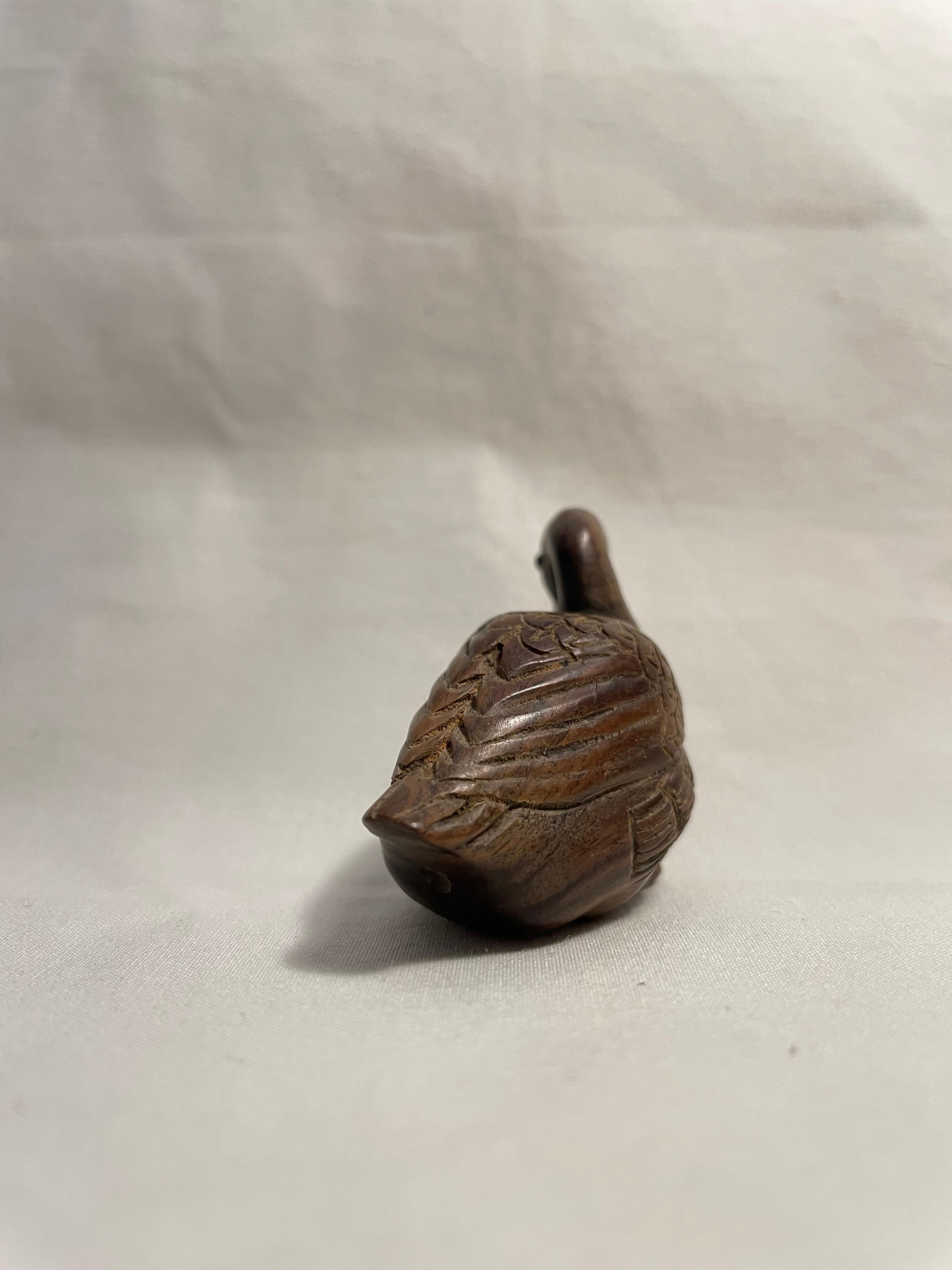 Hand-Carved Antique Japanese Wooden Netsuke ' Duck ' 1950s Showa Era For Sale