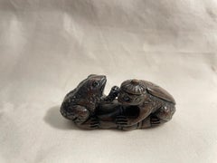 Antique Japanese Wooden Netsuke 'Flog and Kappa' 1950s