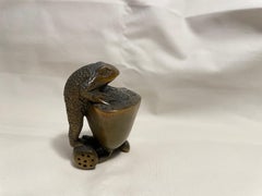 Antique Japanese Wooden Netsuke 'Flog and Lotus' Meiji Era, 1900s