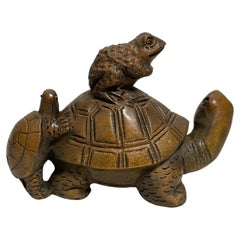 Antique Japanese Wooden Netsuke 'Frog and Turtles' Edo Era, 1850s