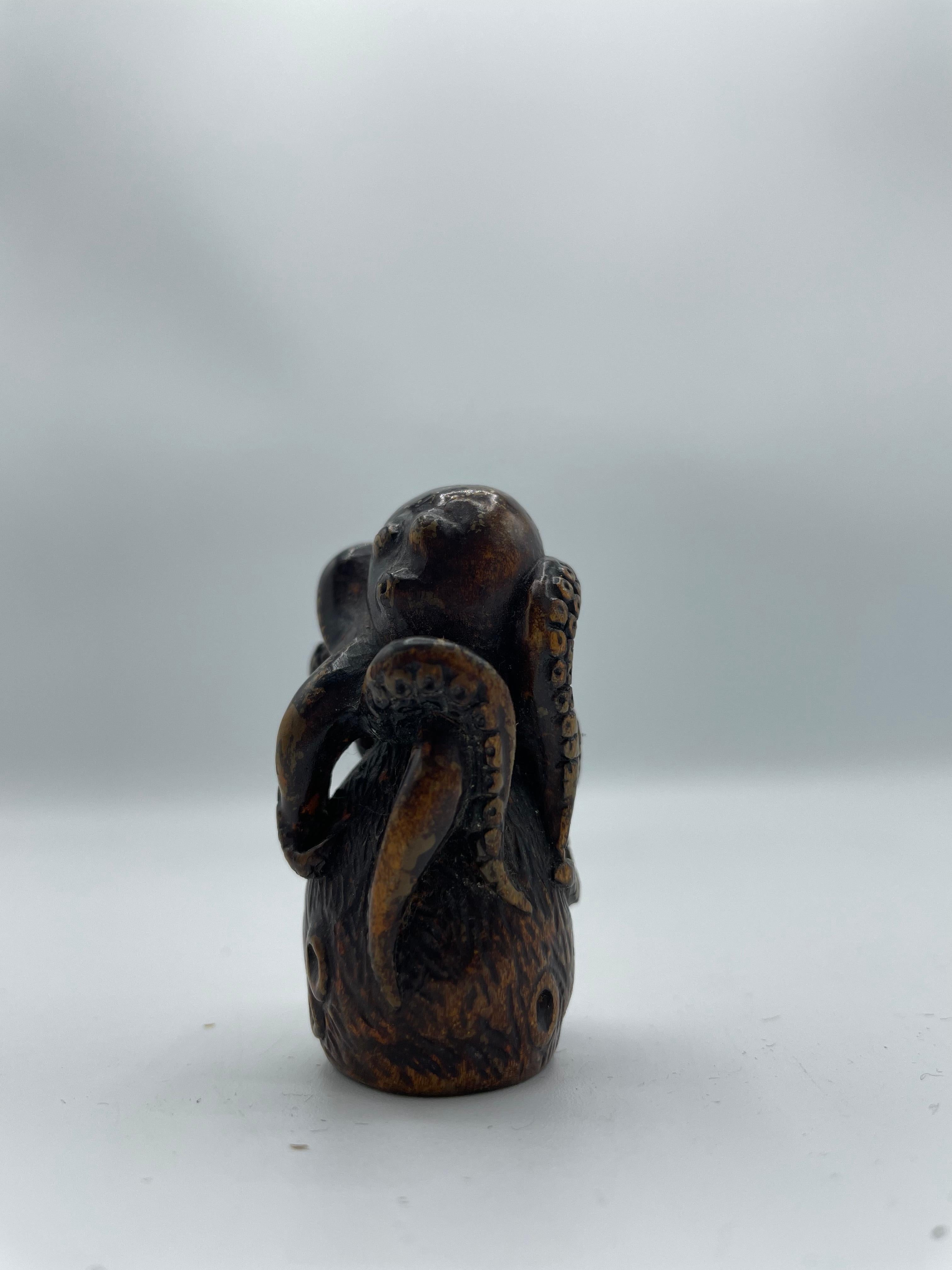 Antique Japanese Wooden Netsuke 'Octopus' Edo Era 1800s 2
