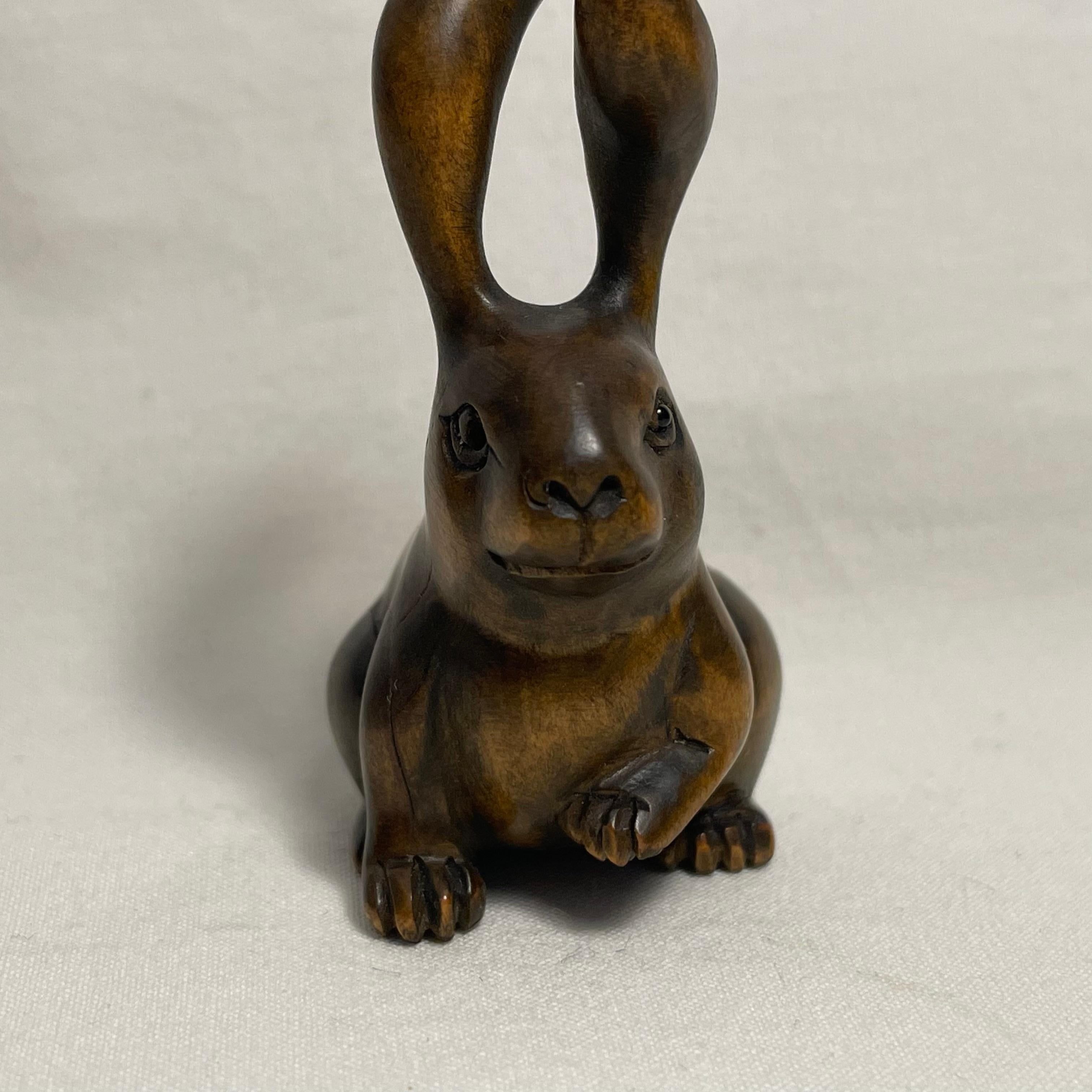 Antique Japanese Wooden Netsuke 'Sitting Rabbit' 1900s Meiji Gyokuseki 1