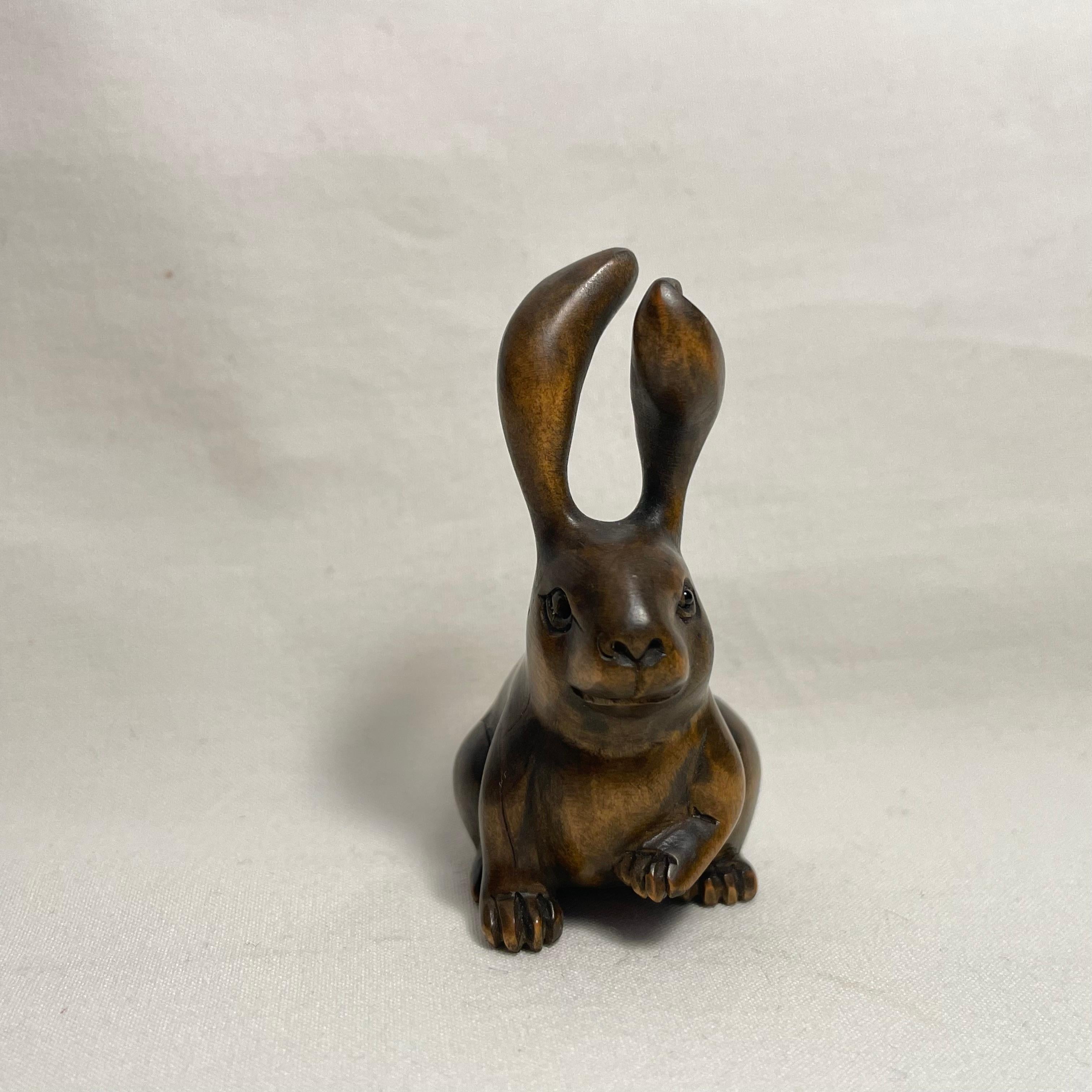 Antique Japanese Wooden Netsuke 'Sitting Rabbit' 1900s Meiji Gyokuseki 2