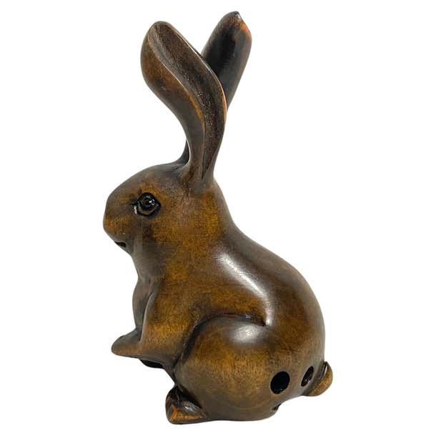 Antique Japanese Wooden Netsuke 'Sitting Rabbit' 1900s Meiji Gyokuseki ...