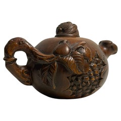 Antique Japanese Wooden Netsuke 'Tea pot and Bat' 1920s Taisho era