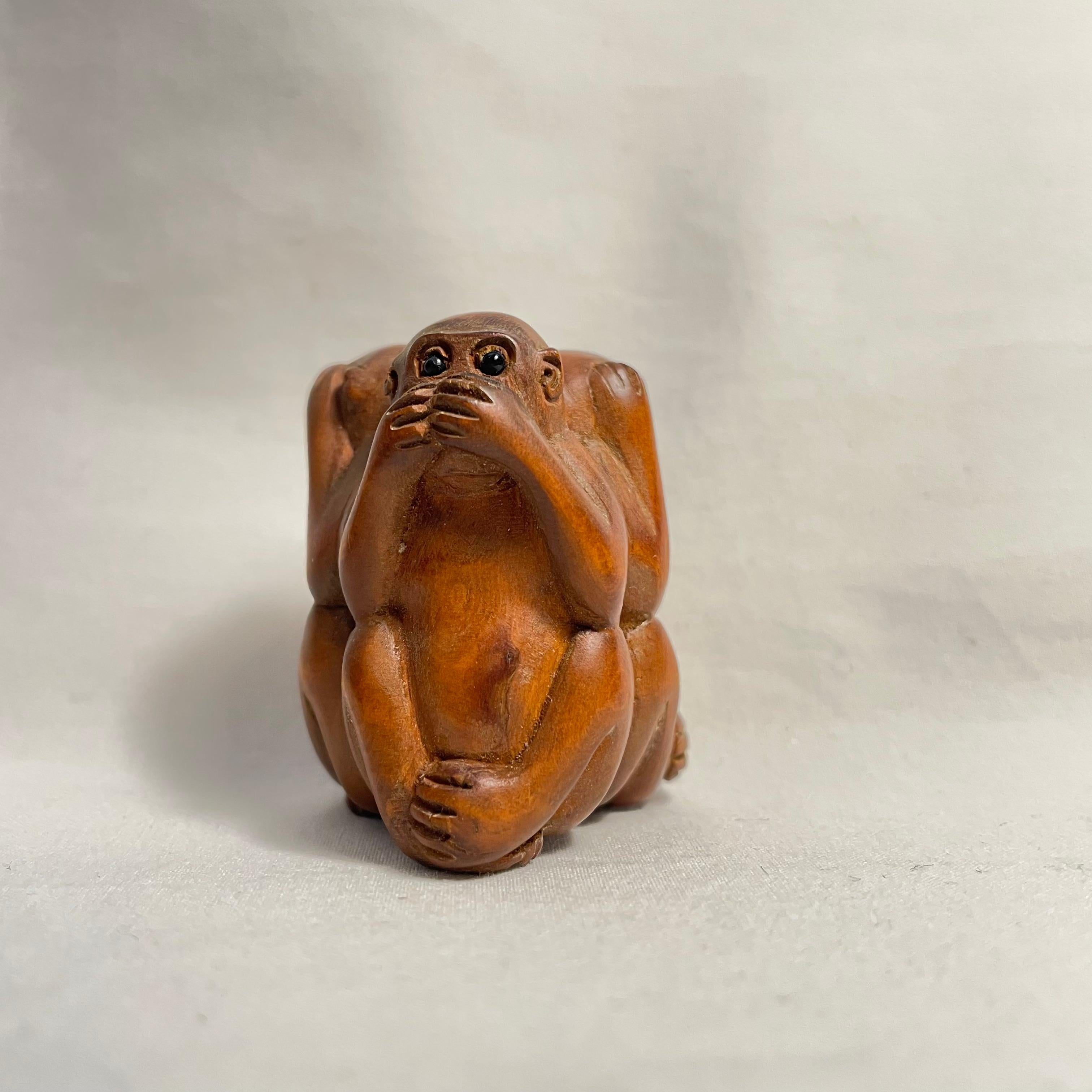 Early 20th Century Antique Japanese Wooden Netsuke 'Three monkeys' 1920s Taisho