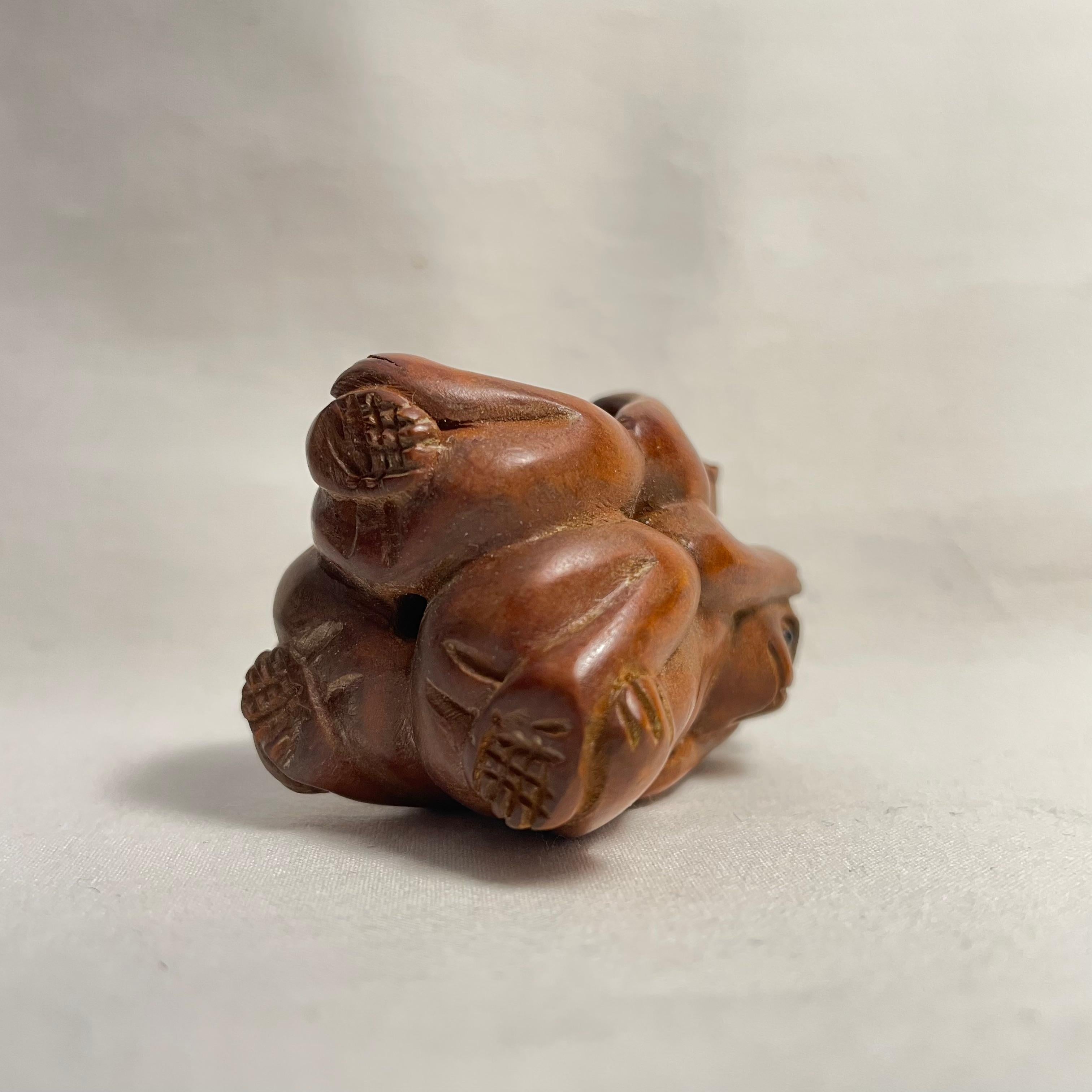Antique Japanese Wooden Netsuke 'Three monkeys' 1920s Taisho 1