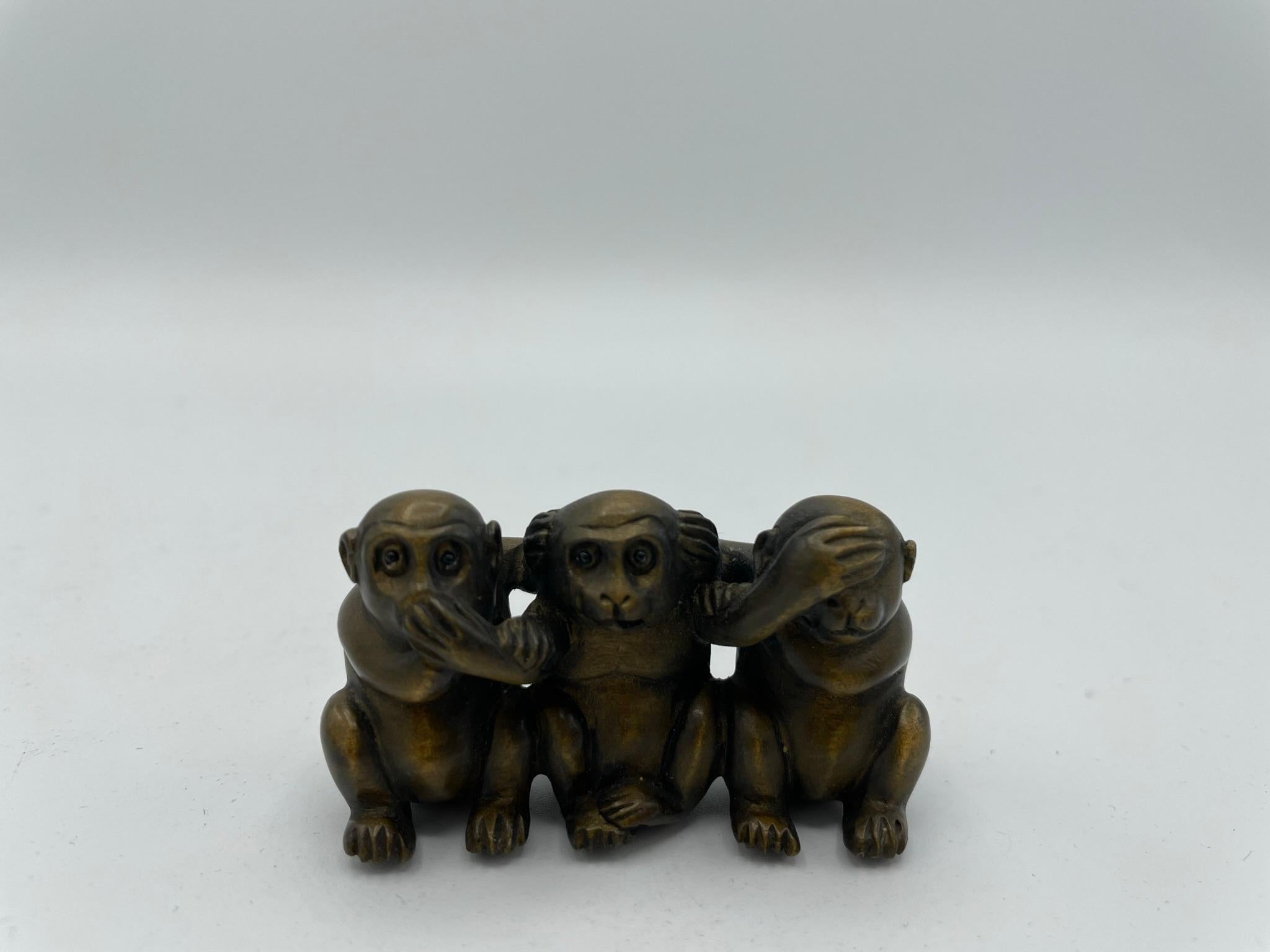 Antique Japanese Wooden Netsuke 'Three Monkeys' Edo Era 1800s 1