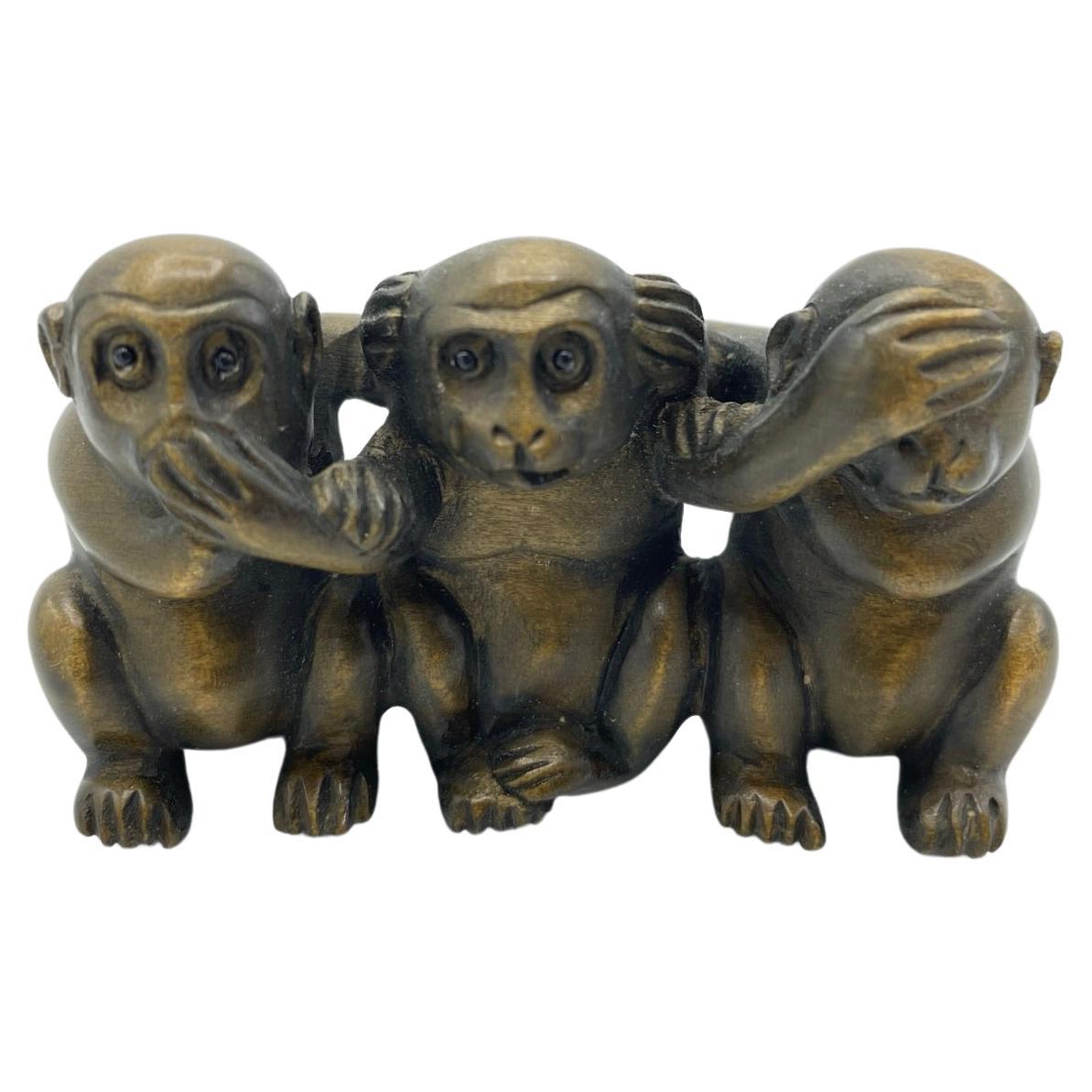 Antique Japanese Wooden Netsuke 'Three Monkeys' Edo Era 1800s