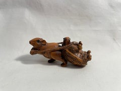 Antique Japanese Wooden Netsuke 'Turtle and Mouse' 1920s