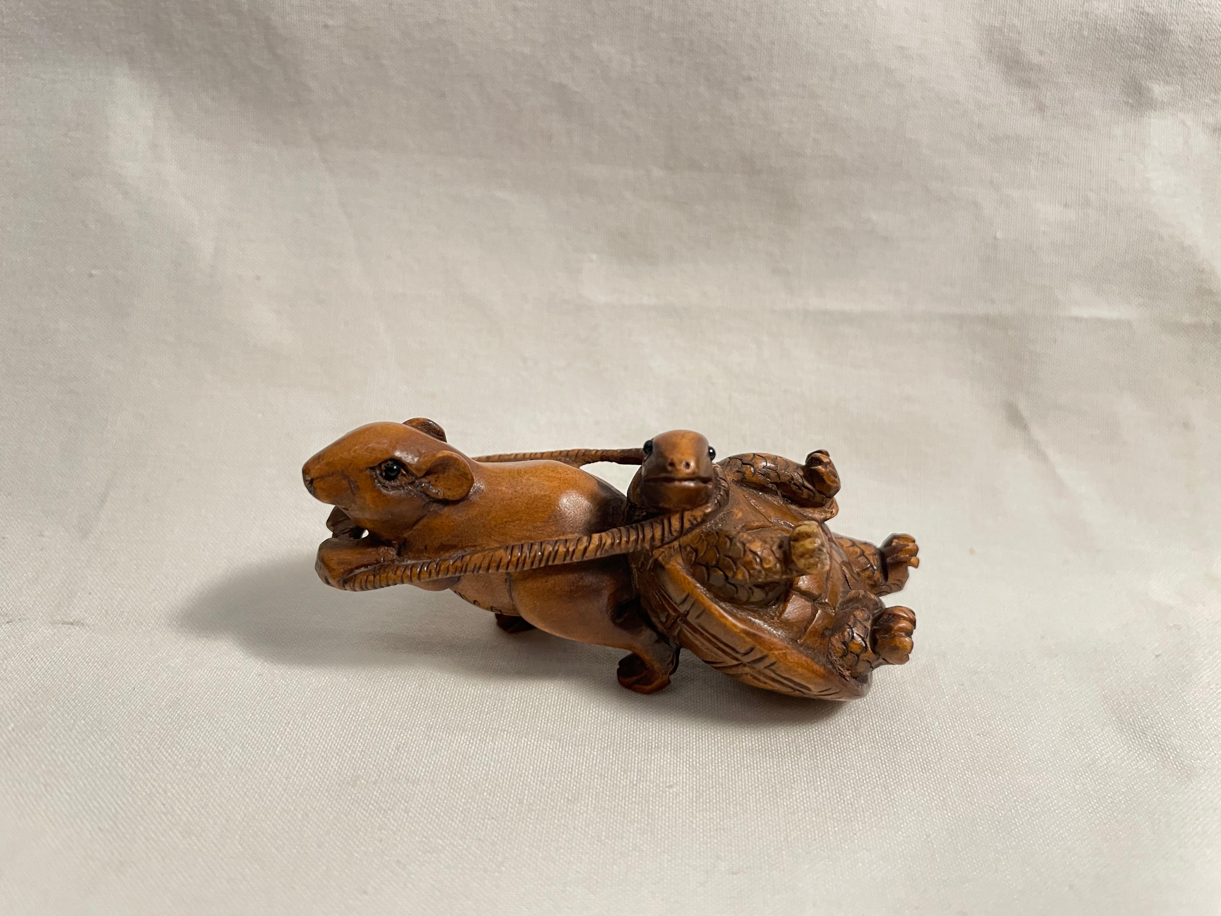 20th Century Antique Japanese Wooden Netsuke 'Turtle and Mouse' 1920s
