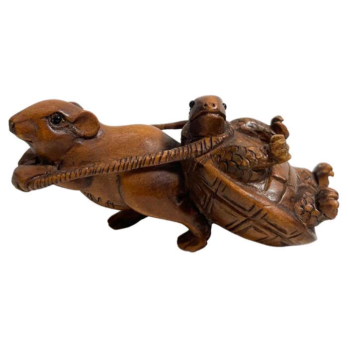 Antique Japanese Wooden Netsuke 'Turtle and Mouse' 1920s at 1stDibs