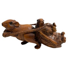Vintage Japanese Wooden Netsuke 'Turtle and Mouse' 1920s