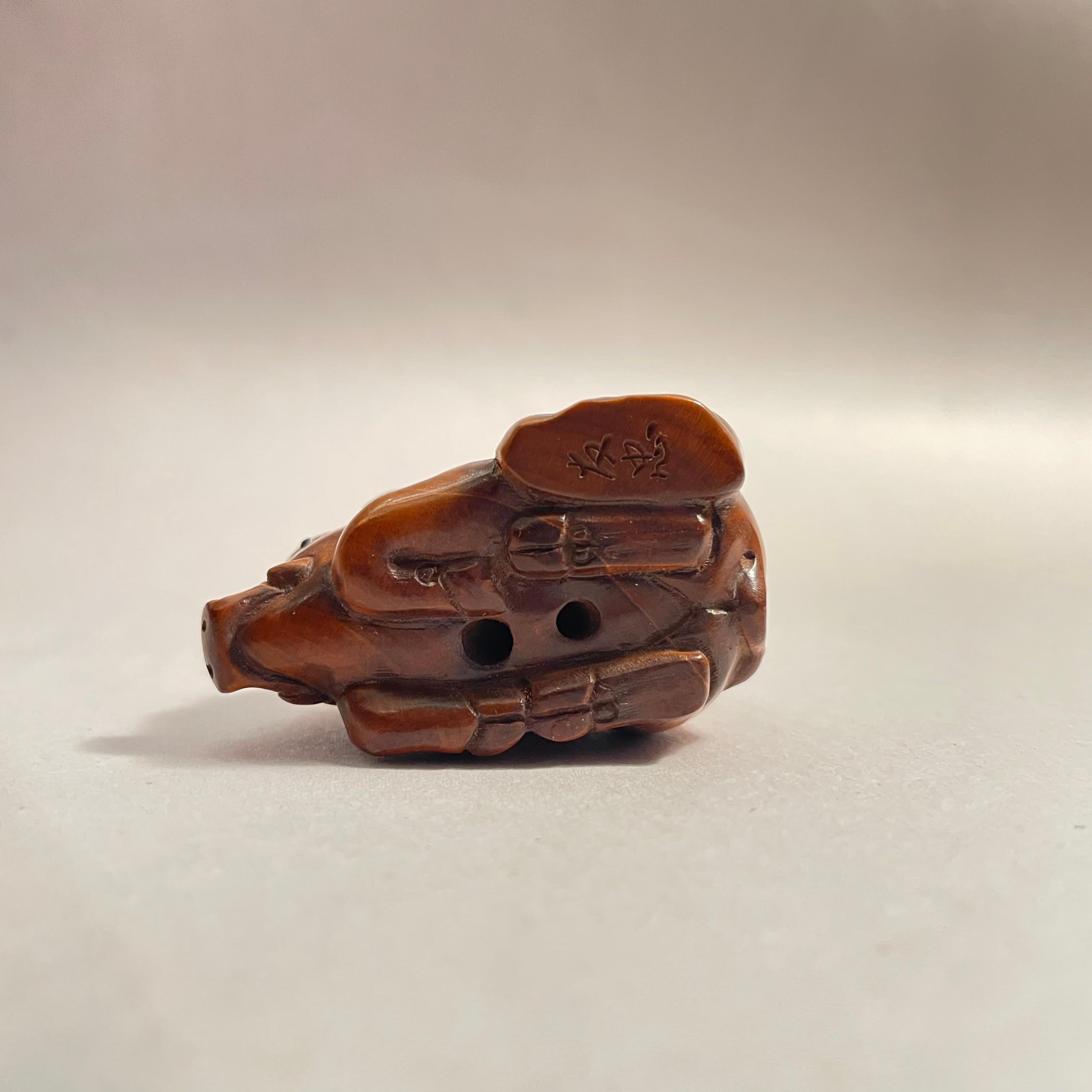 Hand-Carved Antique Japanese Wooden Netsuke Wild Boar 1950s by artist Tomotada For Sale